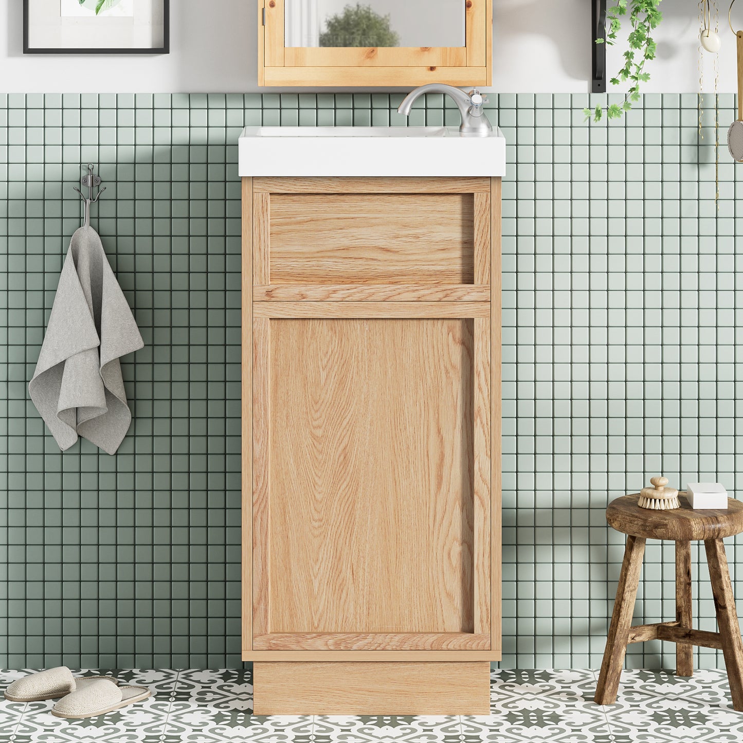 15.75" Bathroom Vanity with Reversible Resin Sink, MDF Cabinet with Adjustable Shelf and Push-to-Open Door, Wood Grain Melamine Finish, Reversible Door, Rustic Style for Small Spaces