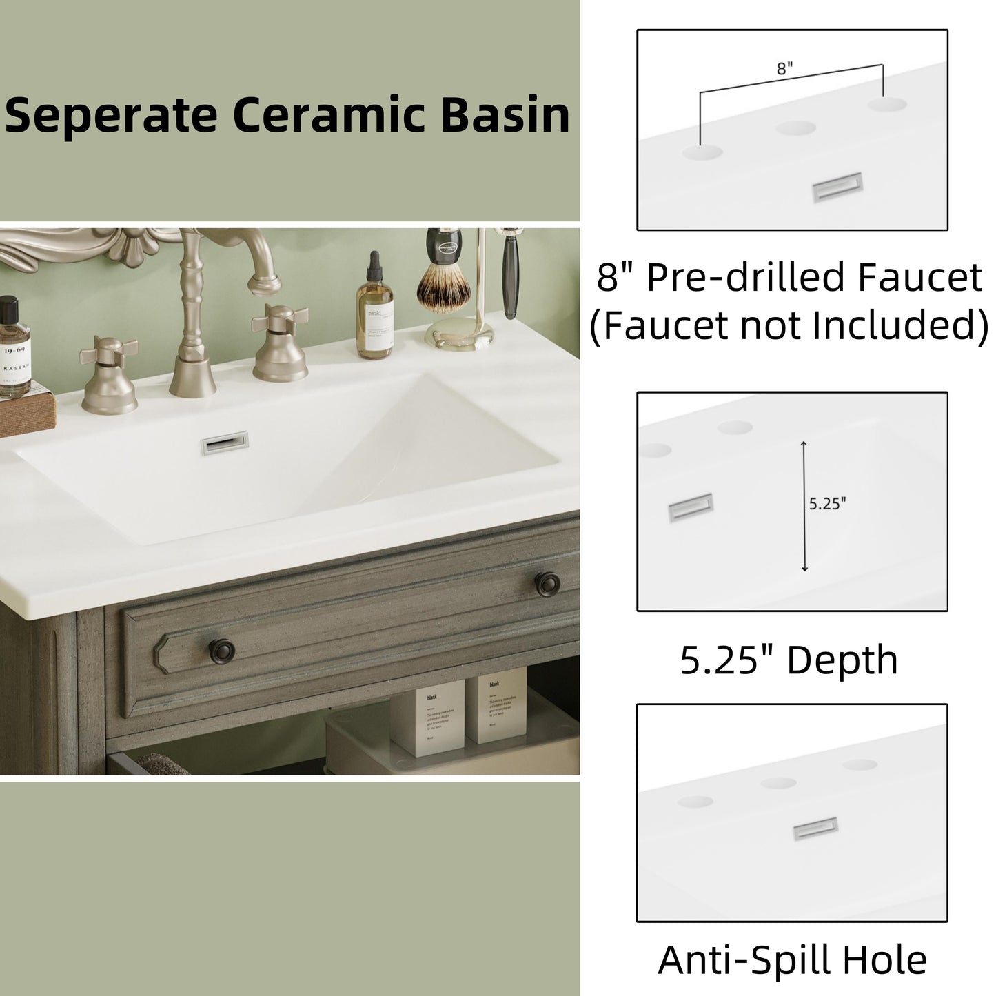 31 Inch Gray Bathroom Vanity - Antique Style Sink Cabinet