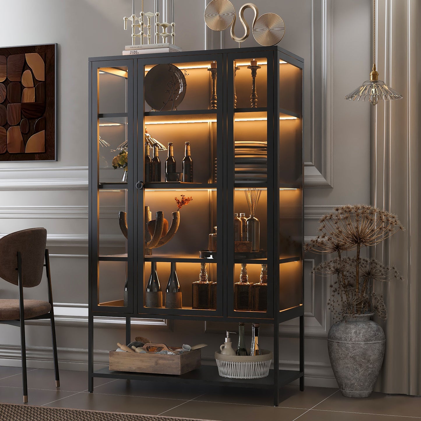 67.25'' Tall Iron Display Cabinet with Glass Door and LED Lights Steel Curio Cabinet for Collectibles Figures Trophies 3-Sided Glass Display Case for Home Office Study Room Stores Playroom - Black