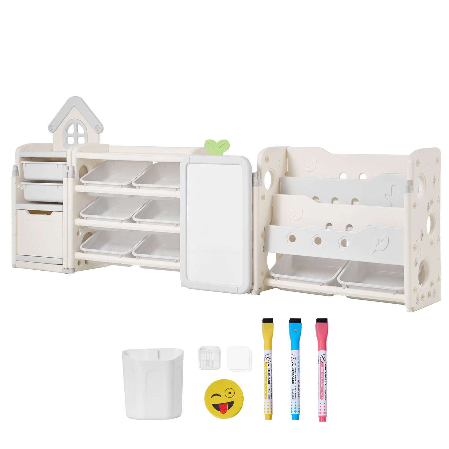 White Gray Kids Toy Storage Shelf with Bookshelf & Drawing Board