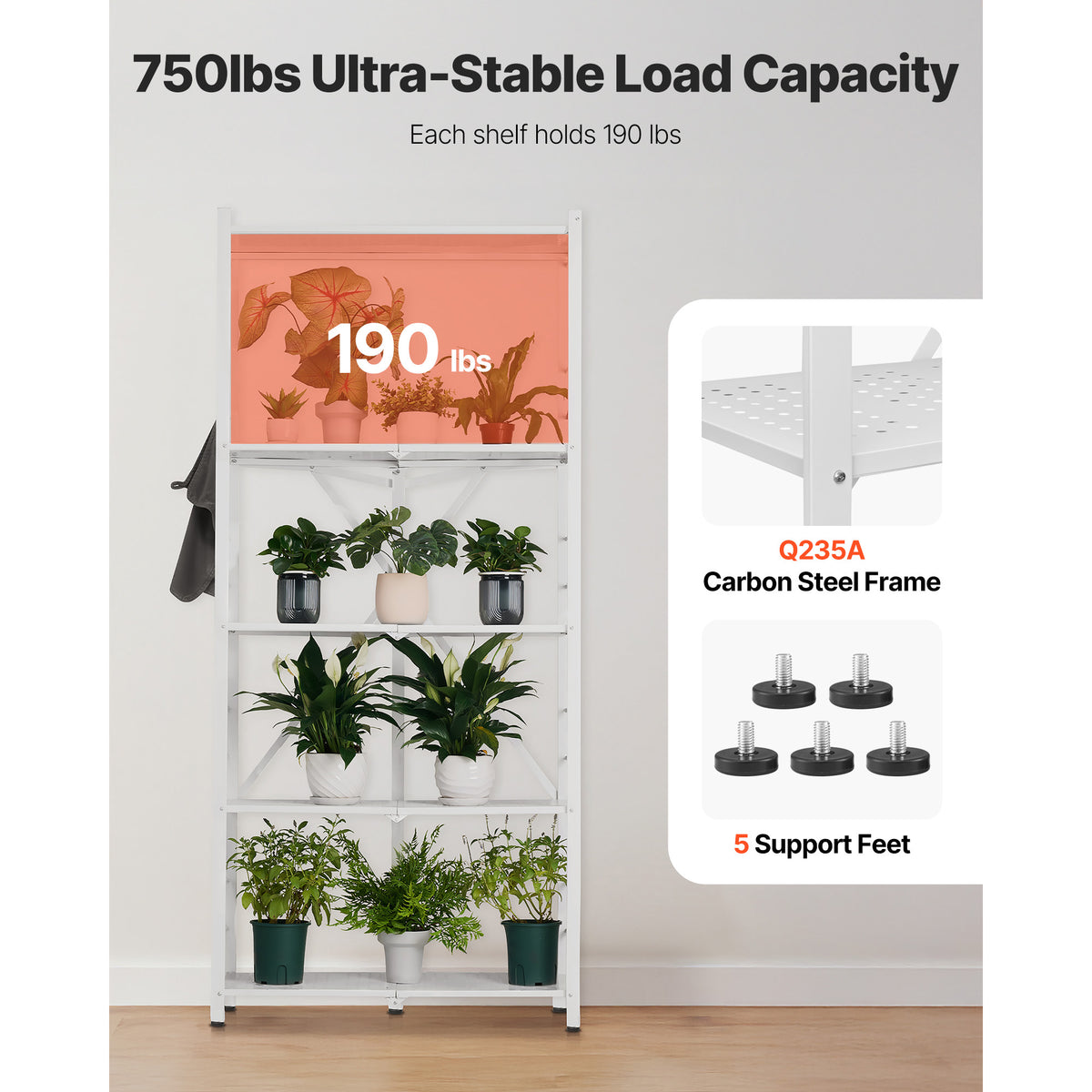 5-Tier Folding Storage Shelf with Wheels - White for Living Room