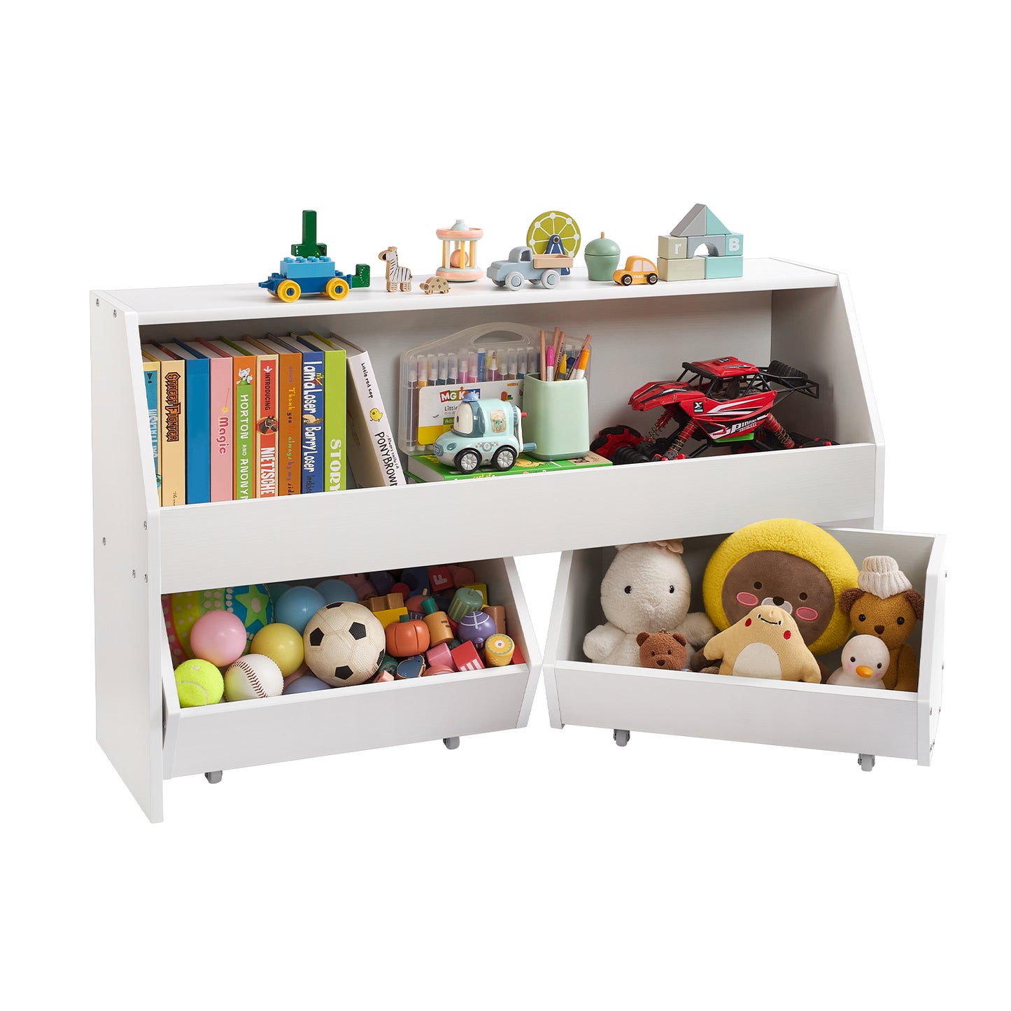 Toy Storage Organizer, Wooden Kids Bookshelf with Storage, Toy Storage Cabinet with 2 Mobile Drawers, Kids Storage Organizer for Bedroom, Nursery, Living Room, Entryway, Preschool, White