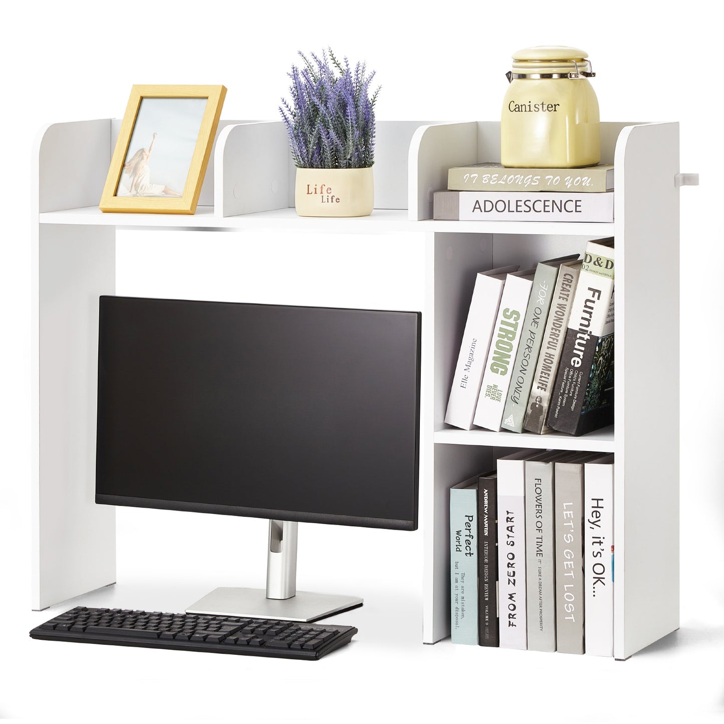Desktop Bookshelf, 2-Tier Desktop Storage Organizer, 37.2" x 9.5" x 28.9" Office Storage Rack Wood Display Shelf, Desktop Bookshelf Hutch with Anti-Slip Feet Pads, for Office, Home & Dorm, White