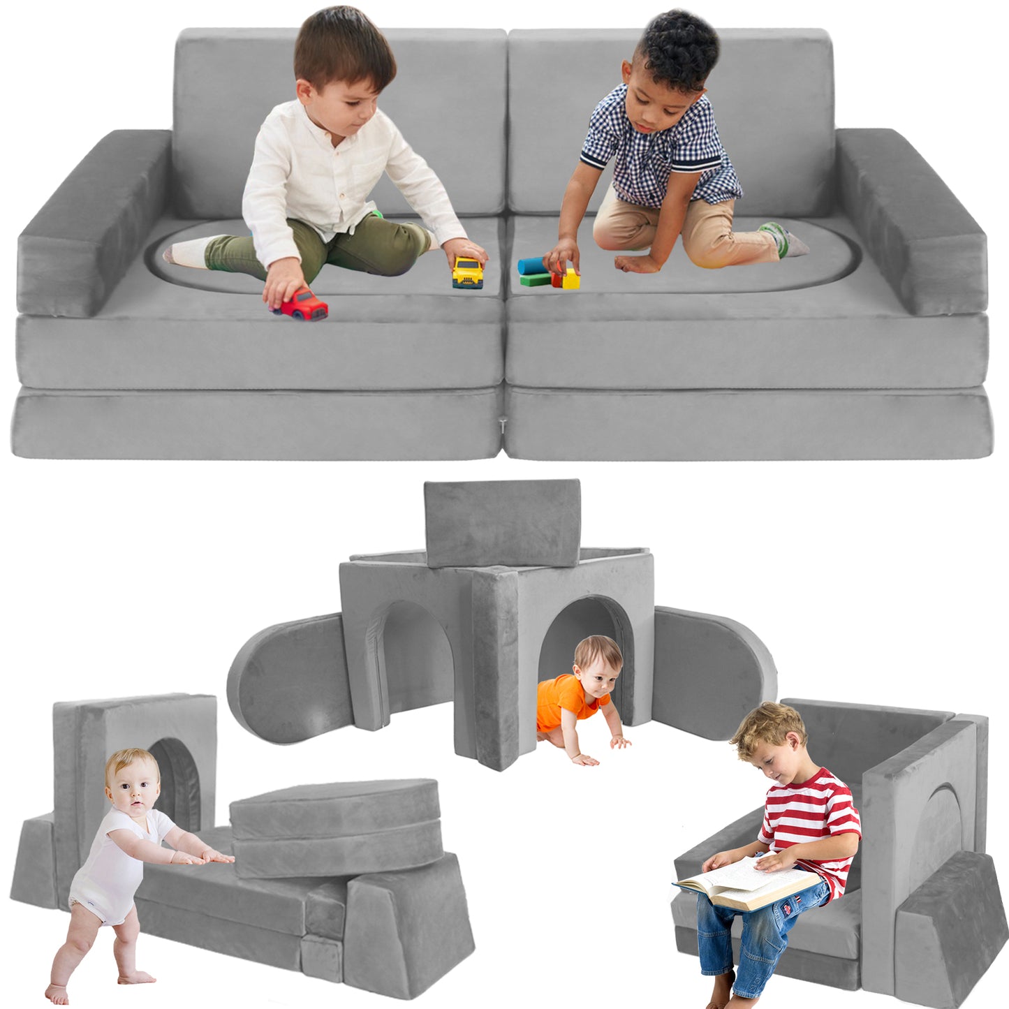 10 PCS Modular Kids Play Couch, DIY Convertible Foam Play Sofa, Multifunctional Floor Cushion, Creative Imaginative Play Fort Furniture for Boys Girls Playroom Bedroom