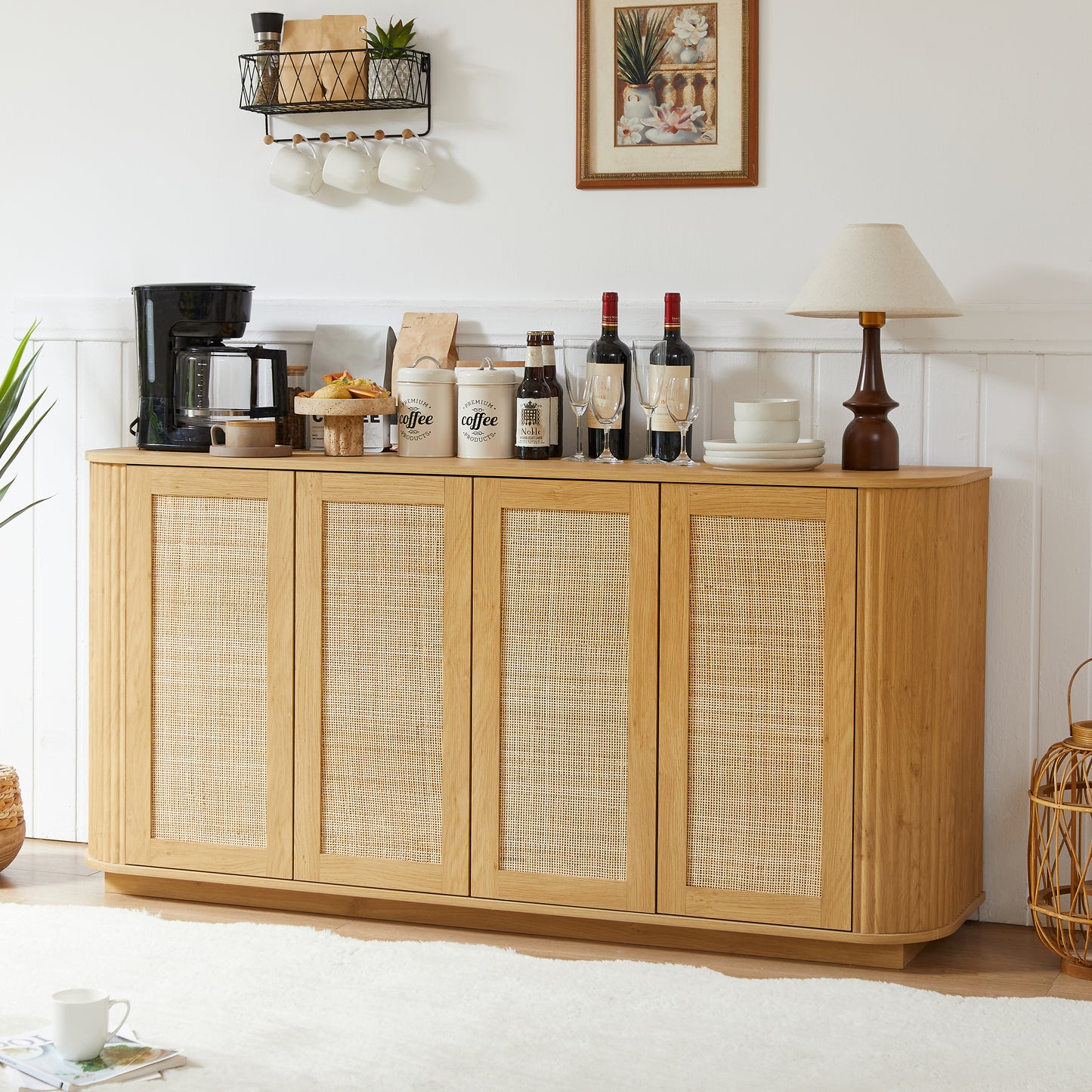 64-inch wave shaped TV stand, rounded corner sideboard, storage cabinet, buffet, wood vertical striped cabinet with rattan doors for kitchen/bedroom/entryway. Natural, 64''W x 15''D x 31.5''H