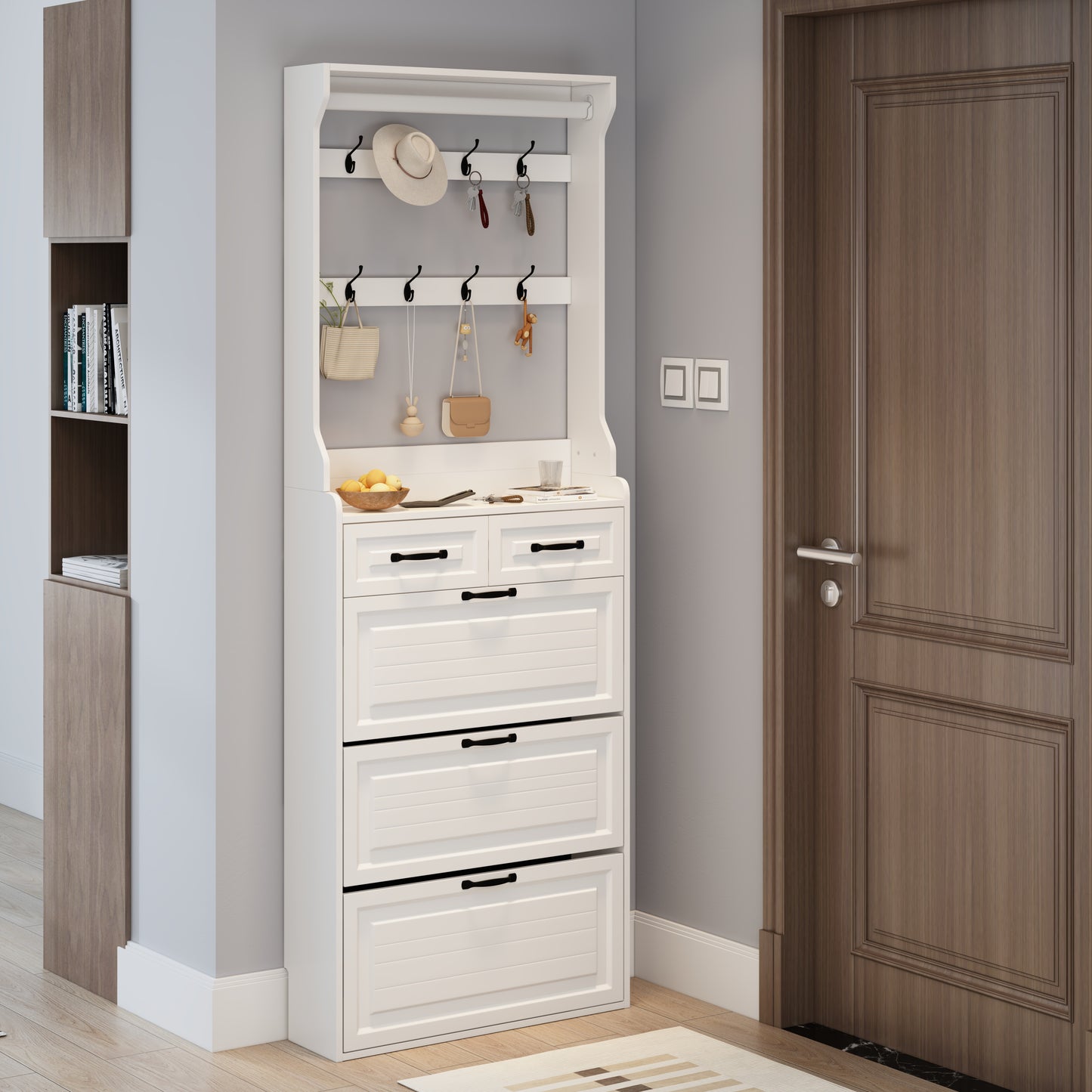 NEW White color shoe cabinet with 3 doors 2 drawers with hanger,large space for storage