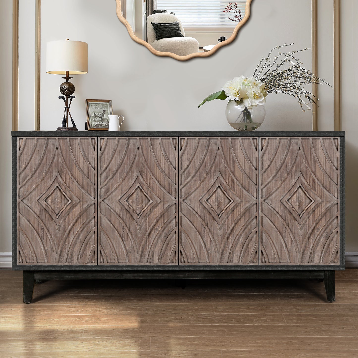 Mid Century Sideboard Buffet Cabinet with Solid Wood Legs 60" Kitchen Storage Cabinet Credenza with 4 Convex pattern diamond Doors and 2 Shelves Accent Console Table for Living Room Entrance Hall etc