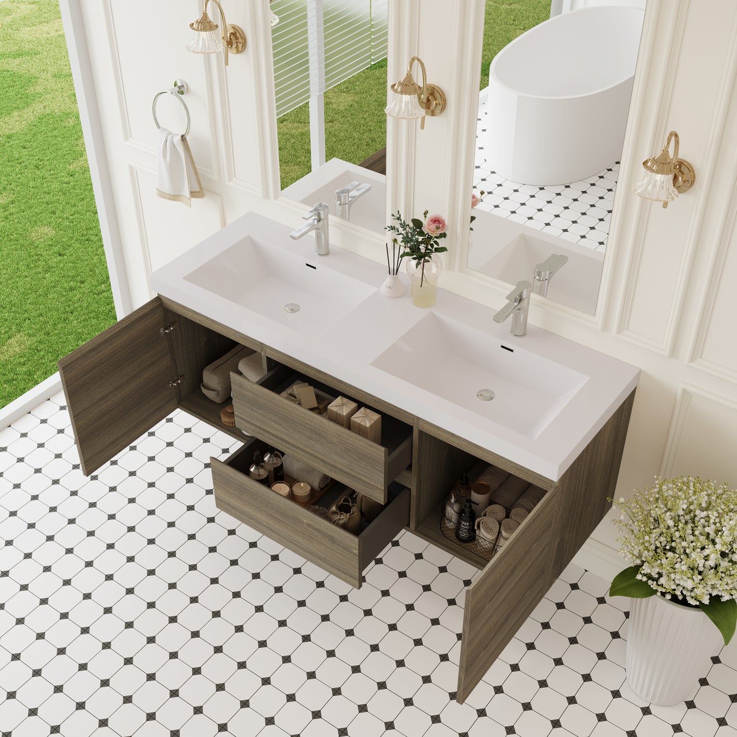 Grey Wood Bathroom Vanity with Sink - Wall Mounted Storage