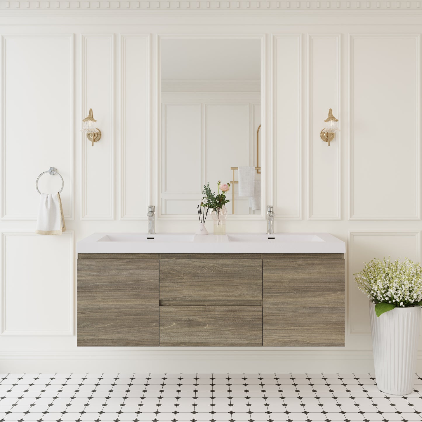 60" Floating Bathroom Vanity with Sink, Wall-Mounted Storage Cabinet with Solid Surface Top Basin, Two Sinks and Soft Close Drawers Fully Assembled, Ash Grey 24V11-60DAG-W1920P385494