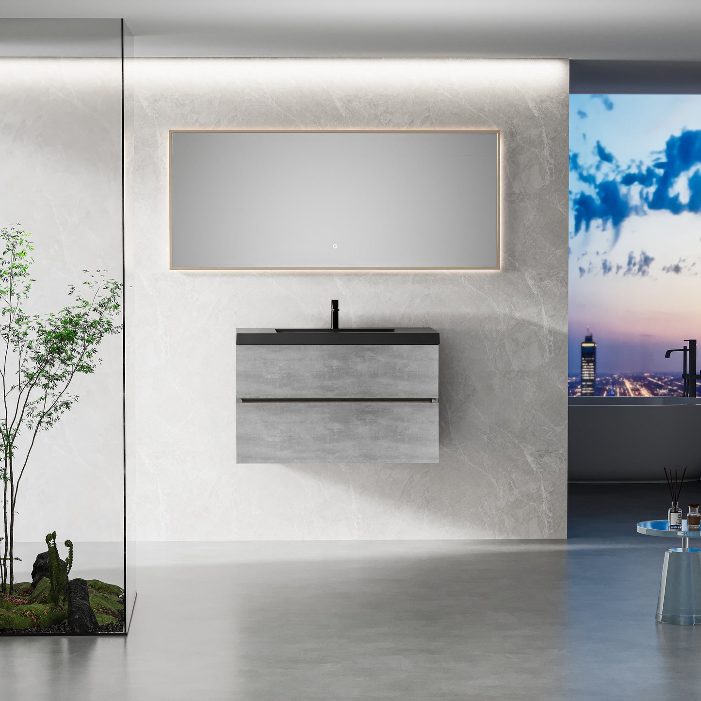 36" Floating Bathroom Vanity with Sink, Wall-Mounted Storage Cabinet with Black Quartz Sand Top Basin and Soft Close Drawers Fully Assembled, EDI-Series Cement Grey 24V12-36GR-W1920P385529