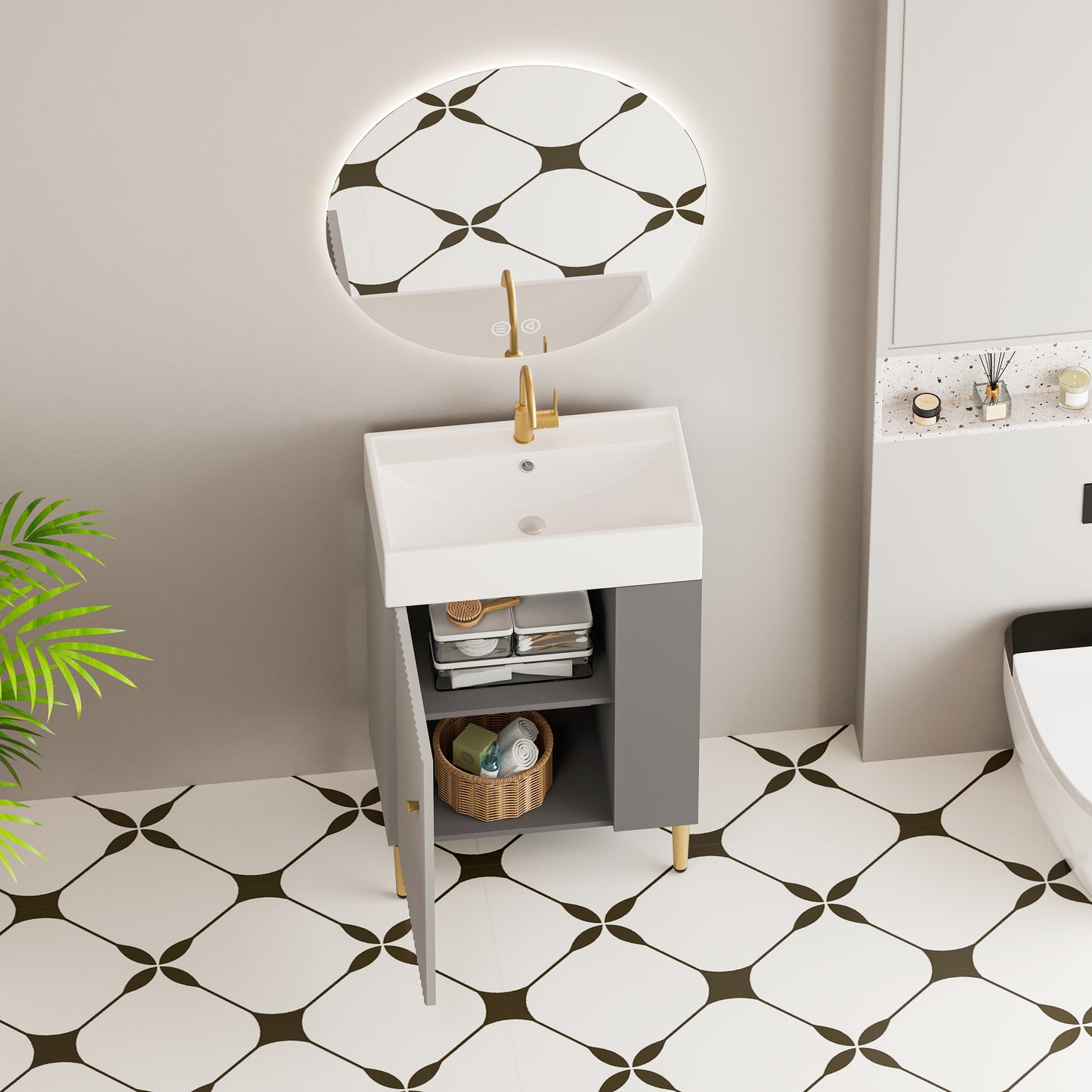 Gray Wood Bathroom Vanity with Sink - Open Shelving Storage