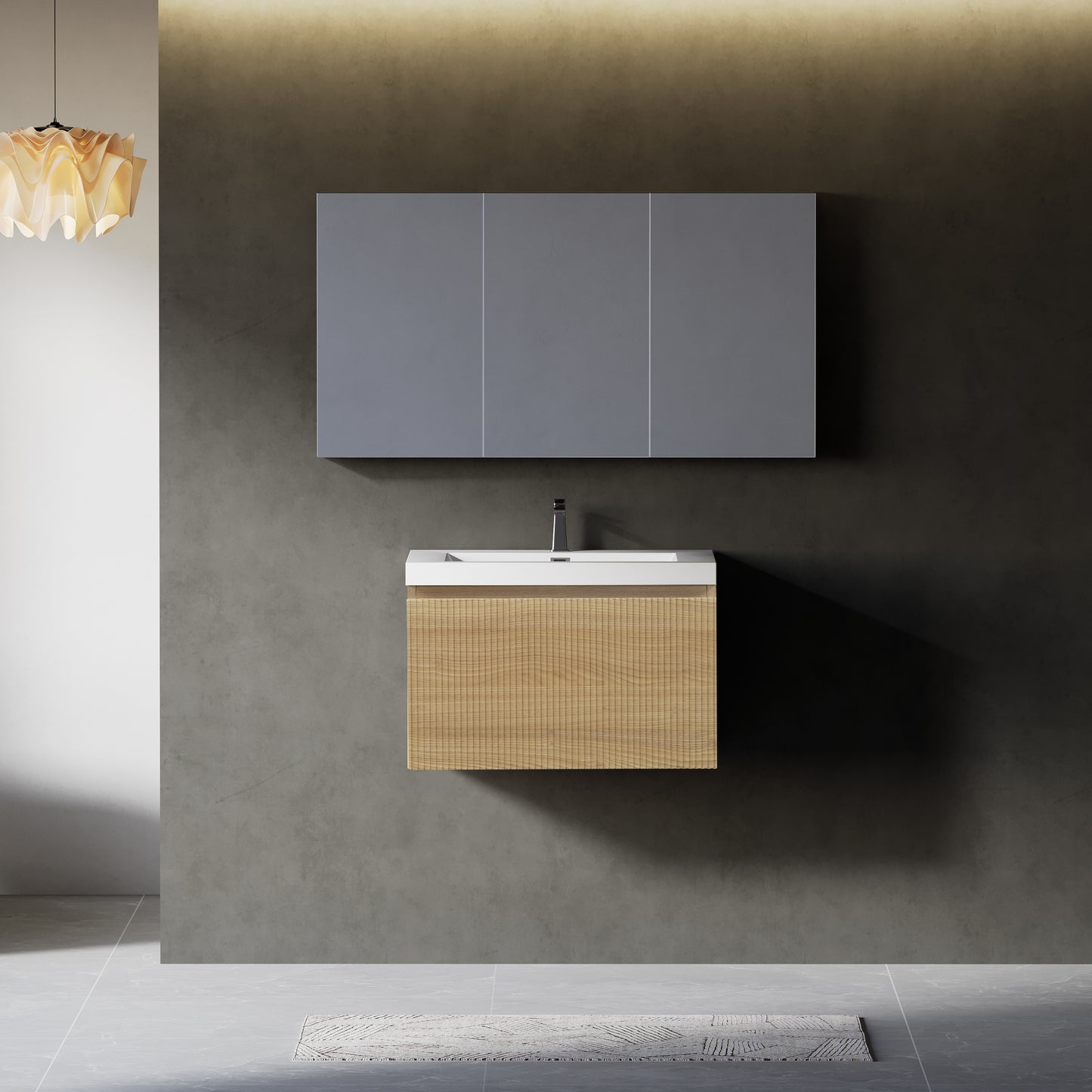 24'' Floating Bathroom Vanity with Sink, Wall-Mounted Striped Storage Cabinet with Soft-Close Drawer and Glossy White Solid Surface Basin, Fully Assembled, Natural Oak 24V16-24NOW-W1920P385431