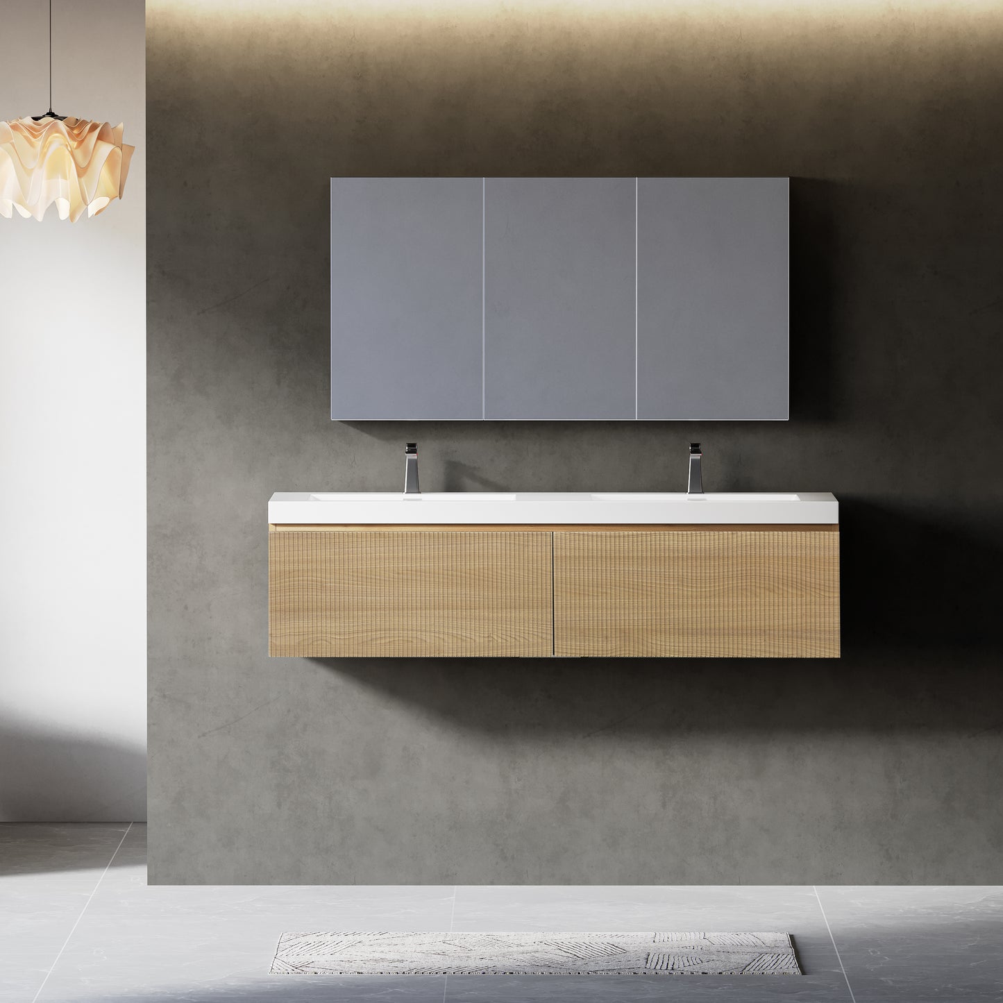 60" Floating Vanity with Sink, Wall-Mounted Striped Cabinet, Soft-Close Drawer, Double Glossy White Solid Surface Basins, Fully Assembled, Natural Oak Finish. Model: 24V16-60NOW-W1920P385461