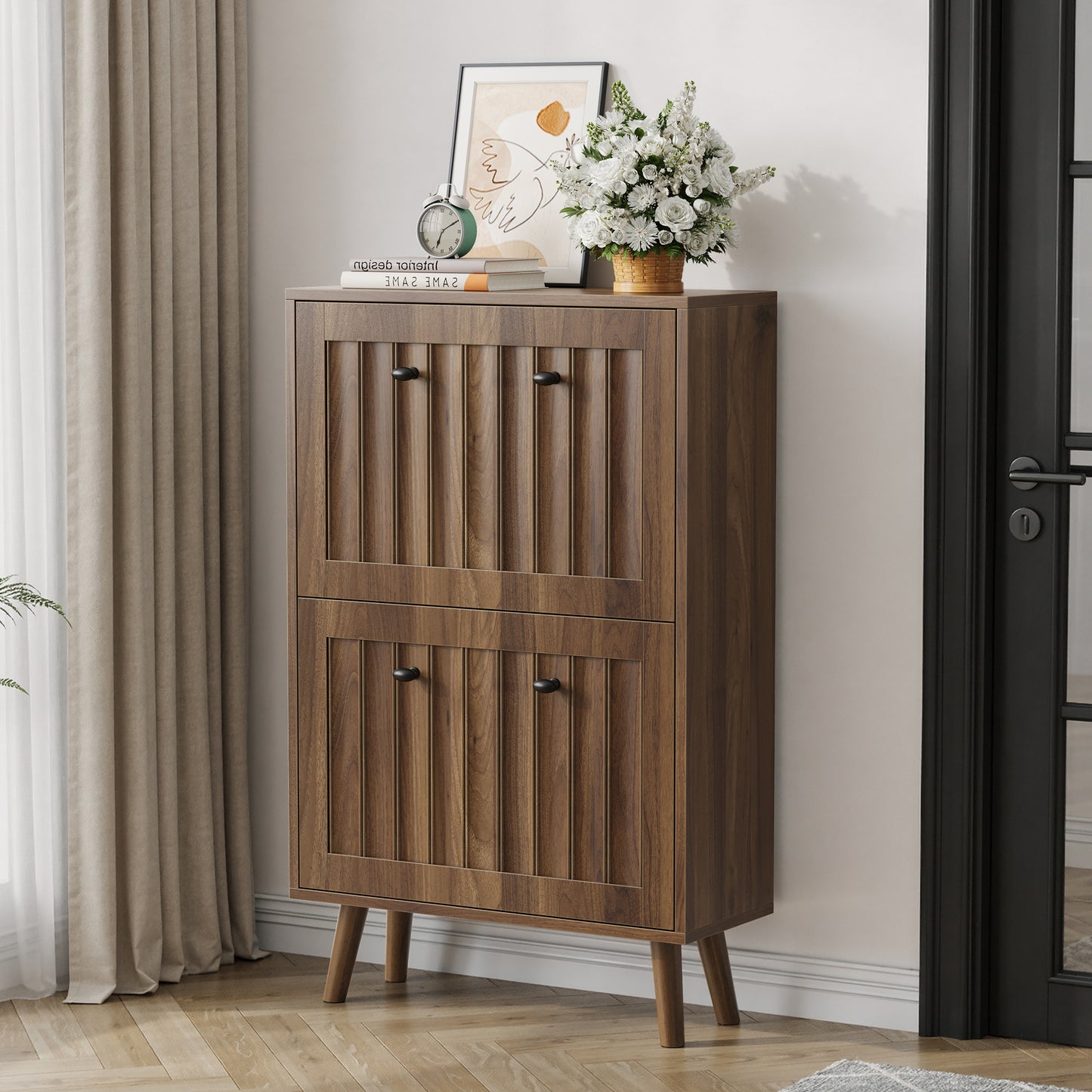 Medieval-style modern shoe cabinet, upright shoe storage unit with vertical grooved finish, 23.6-inch walnut-colored shoe cabinet, suitable for hallways, passageways and entrances.