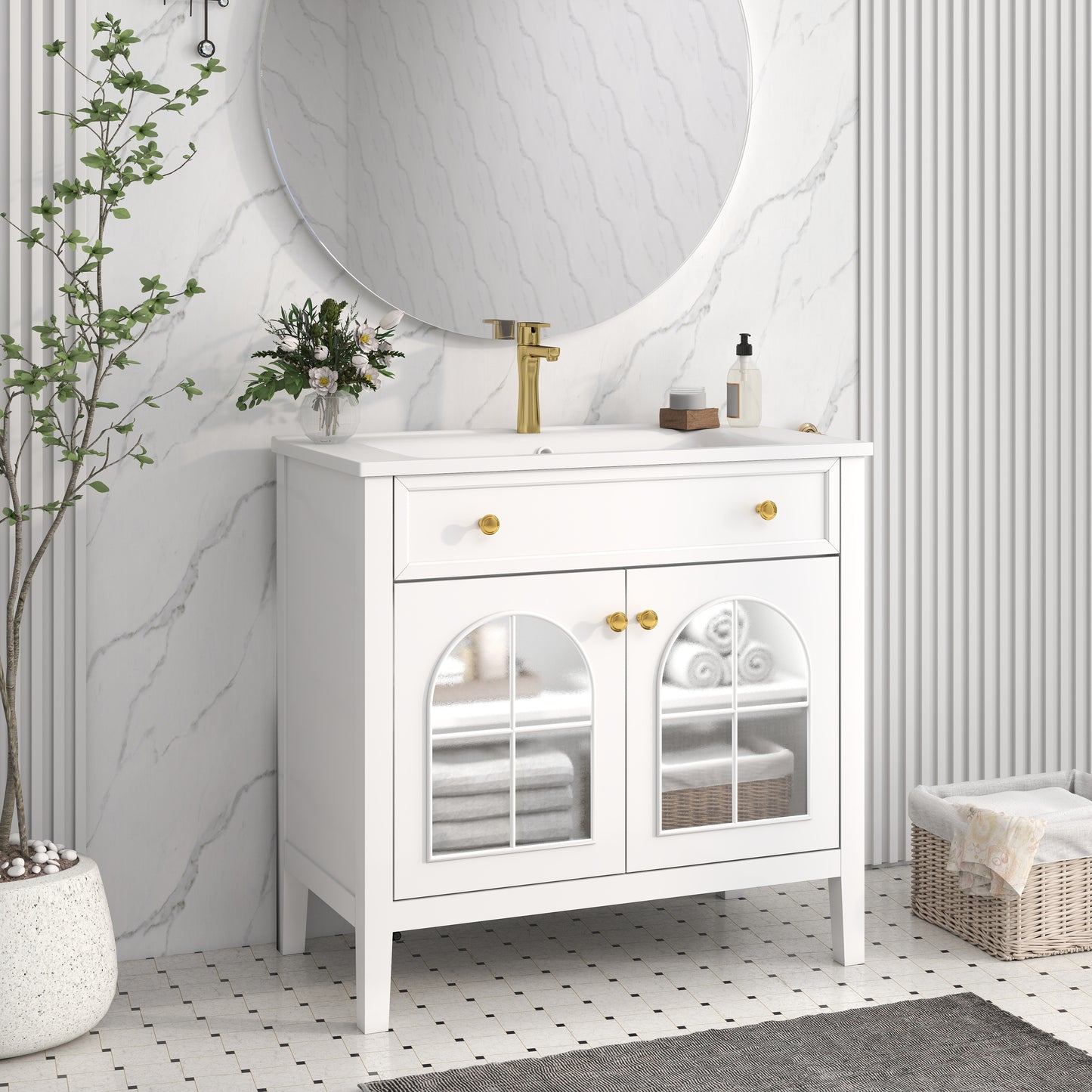 35.6" Mid-Century Bathroom Vanity Sink with Patterned Glass & Motion-sensor Light Strip, Farmhouse Freestanding Bathroom Vanity Sink with Storage, High-end Restroom Vanity Cabinet,White