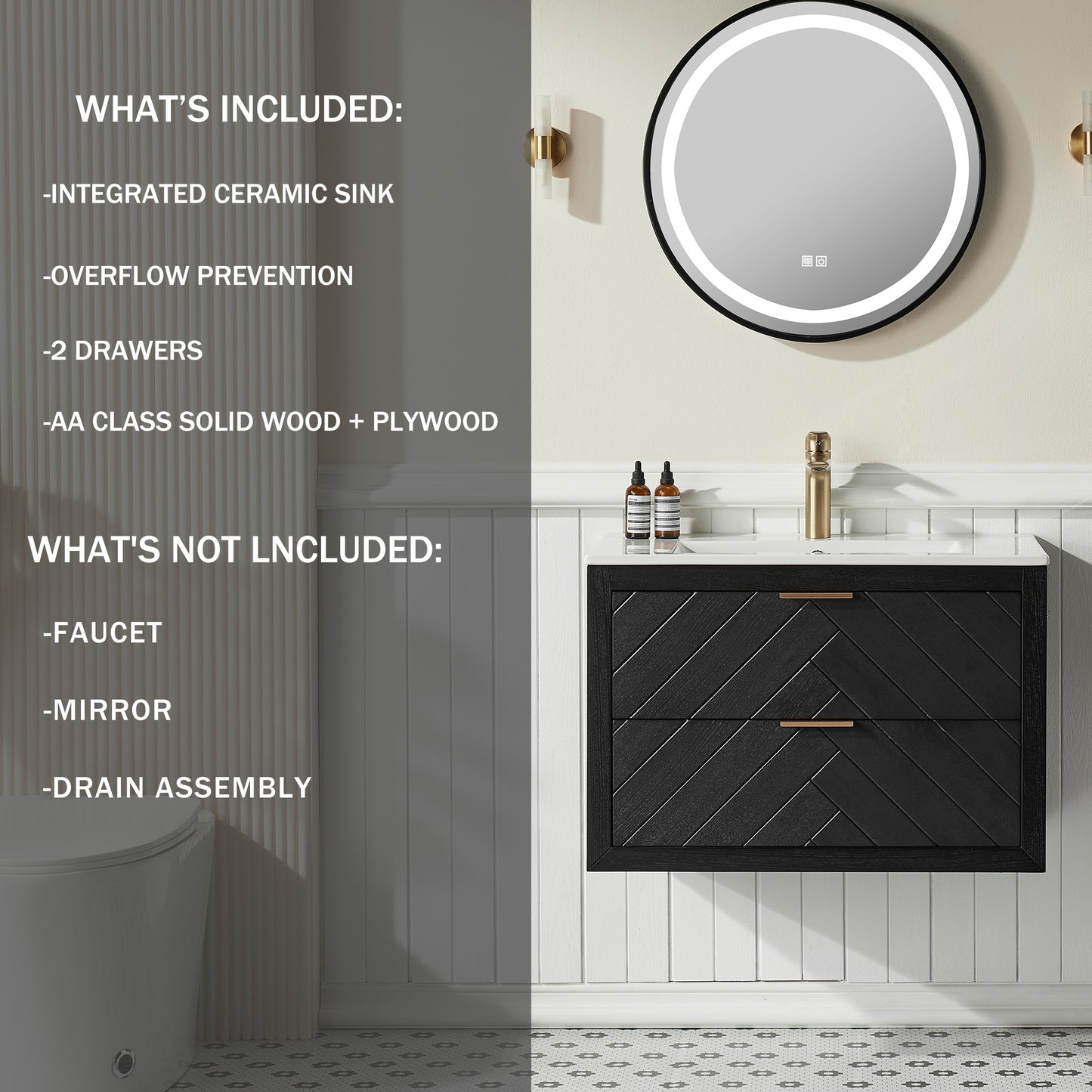 Black Wall Mounted Bathroom Vanity with Sink - 30 Inch