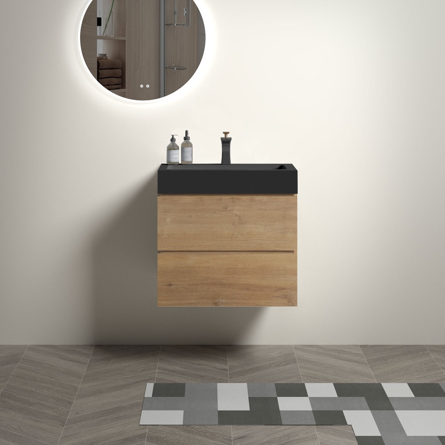 U090-Alice24W-106 Alice 24" Natural Oak Bathroom Vanity with Sink, Large Storage Wall Mounted Floating Bathroom Vanity for Modern Bathroom, One-Piece Black Sink Basin WITHOUT Drain, Pre-assembled