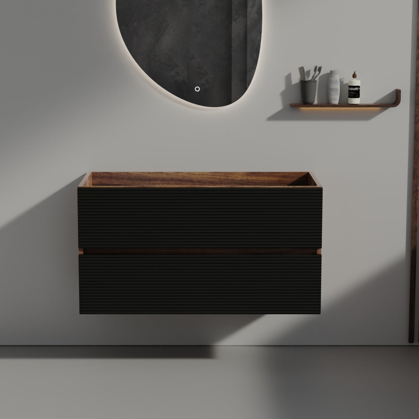 Grace 36" Walnut Bathroom Vanity with Soft Black Drawers WITHOUT Sink, Wall Mounted Floating Bathroom Cabinet for Modern Bathroom, KD