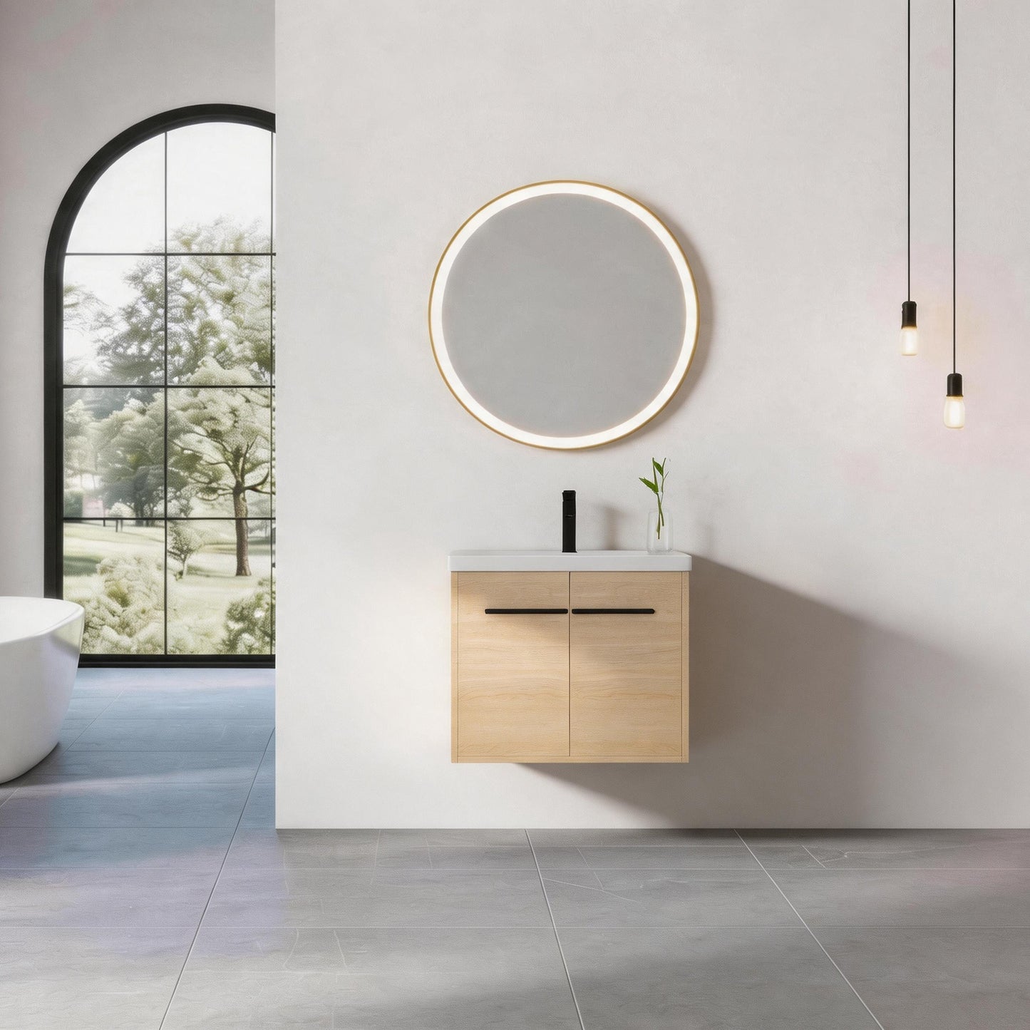24" Wall Mounted Bathroom Vanity with Resin Basin, Natural Oak Finish, Double Door Plywood Cabinet, Modern Floating Vanity Set, KD Assembly, Single Package