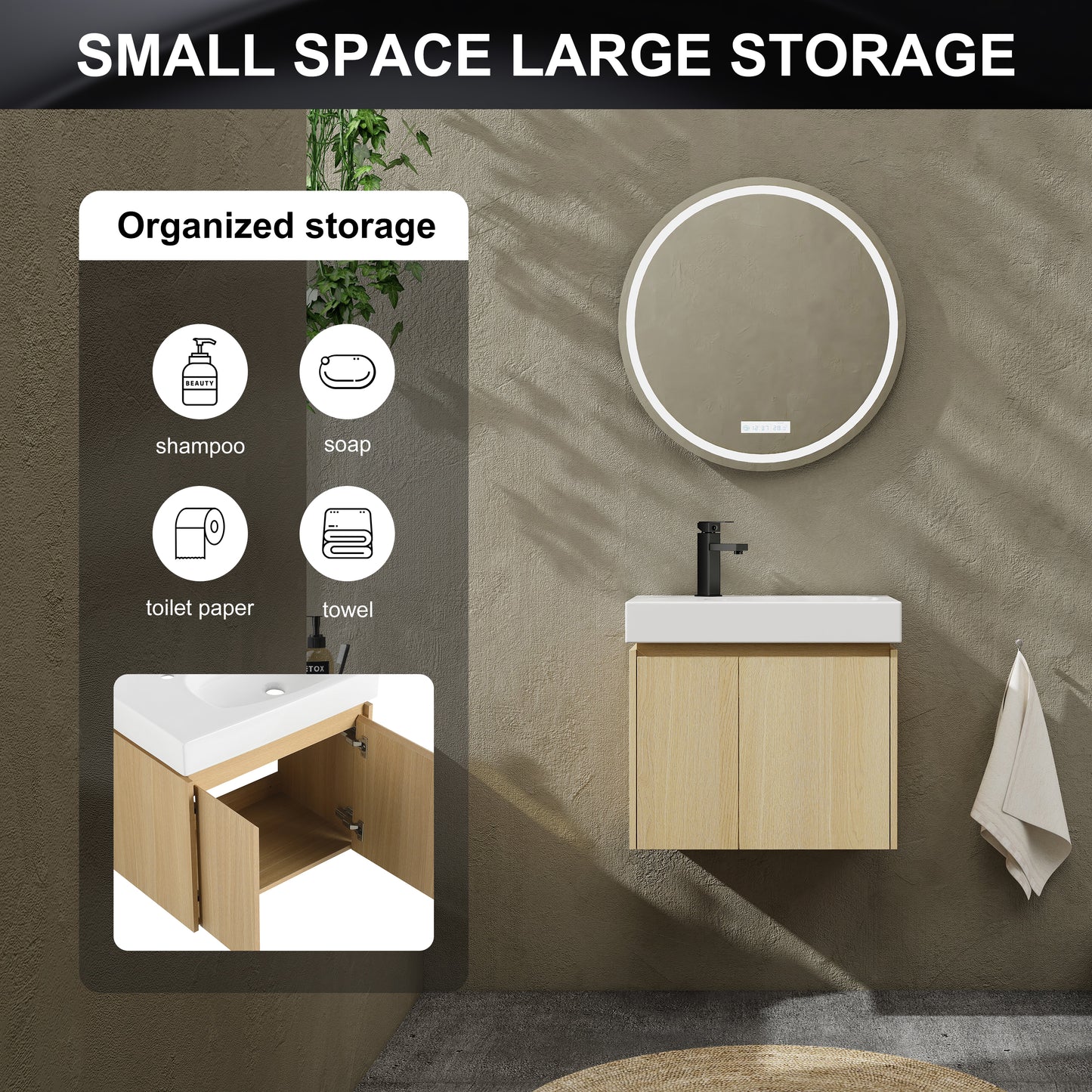 Oak Bathroom Vanity with Storage - 24 Inch