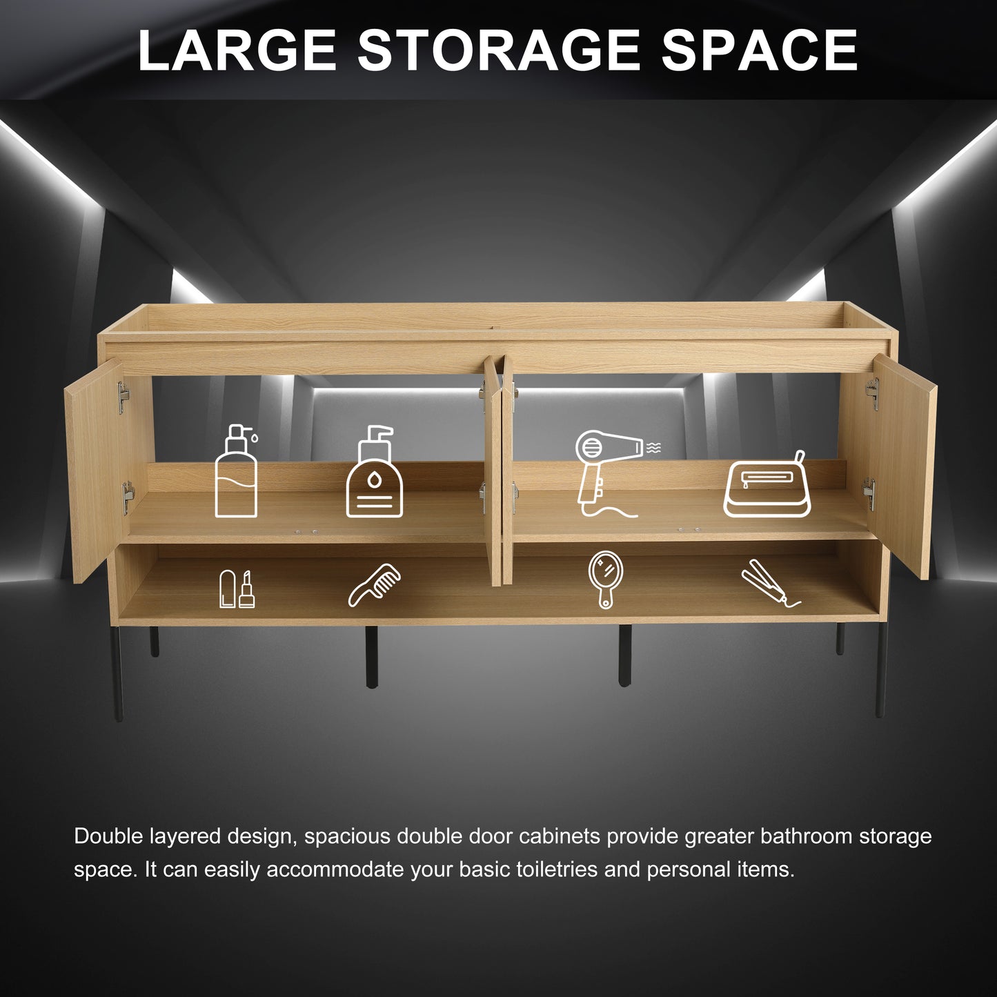 Oak Bathroom Vanity with 4 Doors - 58.69" Freestanding
