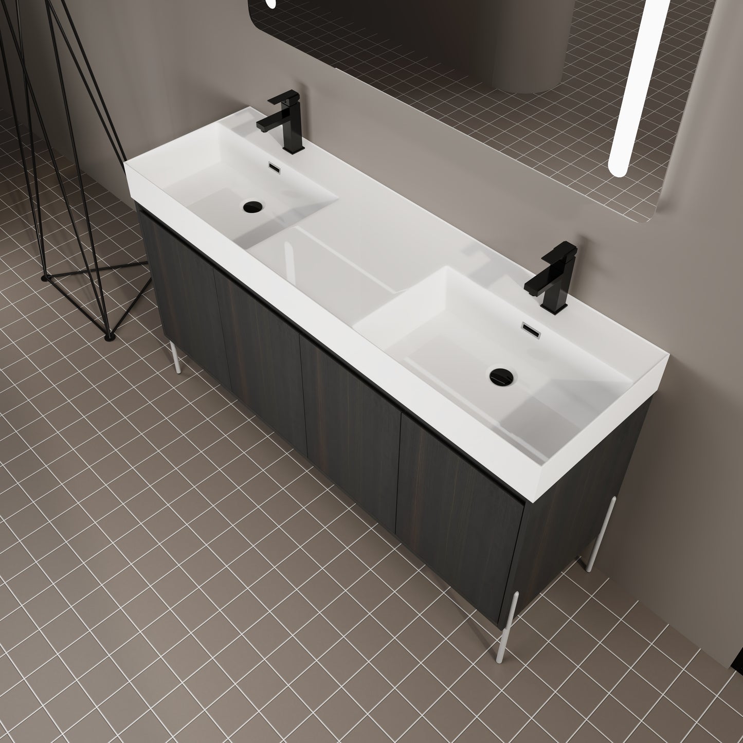Dark Oak Bathroom Vanity with Storage Cabinet - 60" Freestanding