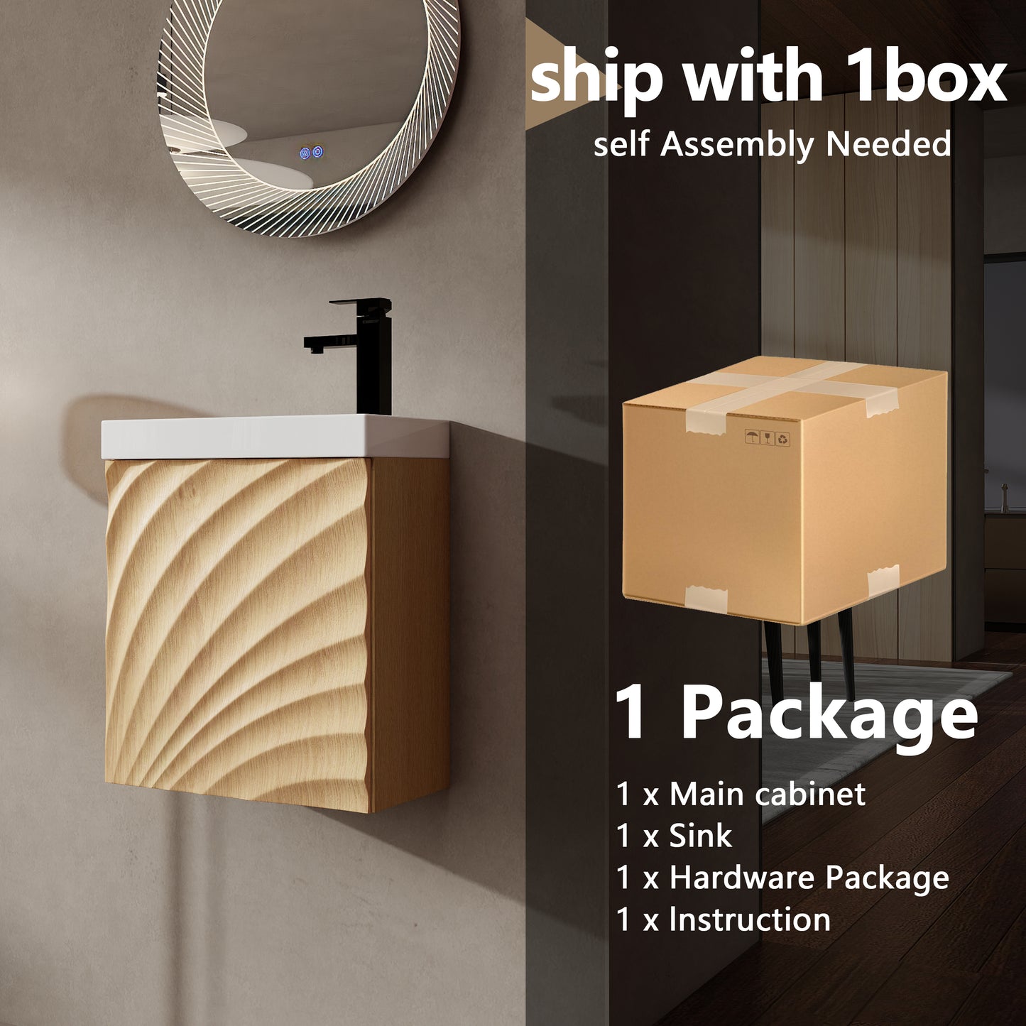 Natural Wood Wall Mounted Bathroom Vanity with Resin Sink
