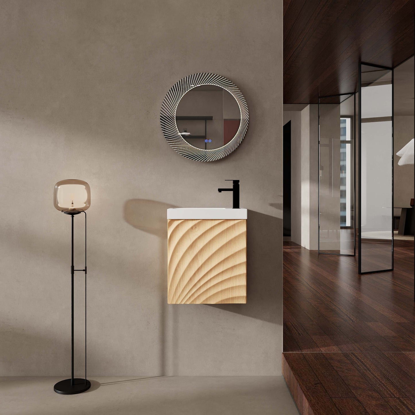 18.5" Wall-Mounted Bathroom Vanity with Resin Sink, Soft Closed Single Door, MDF, Nature Wood (KD-Packing)