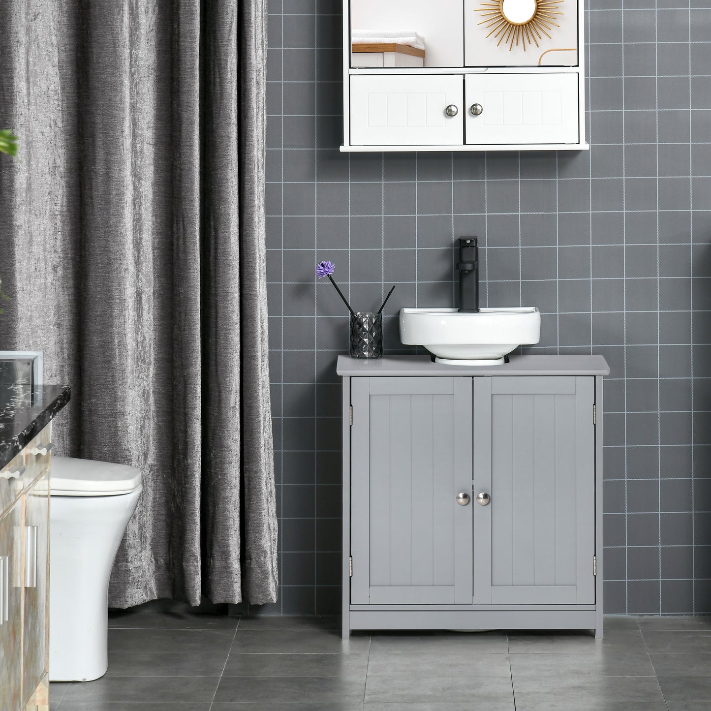 Gray MDF Bathroom Vanity Storage Cabinet - Under Sink Organizer