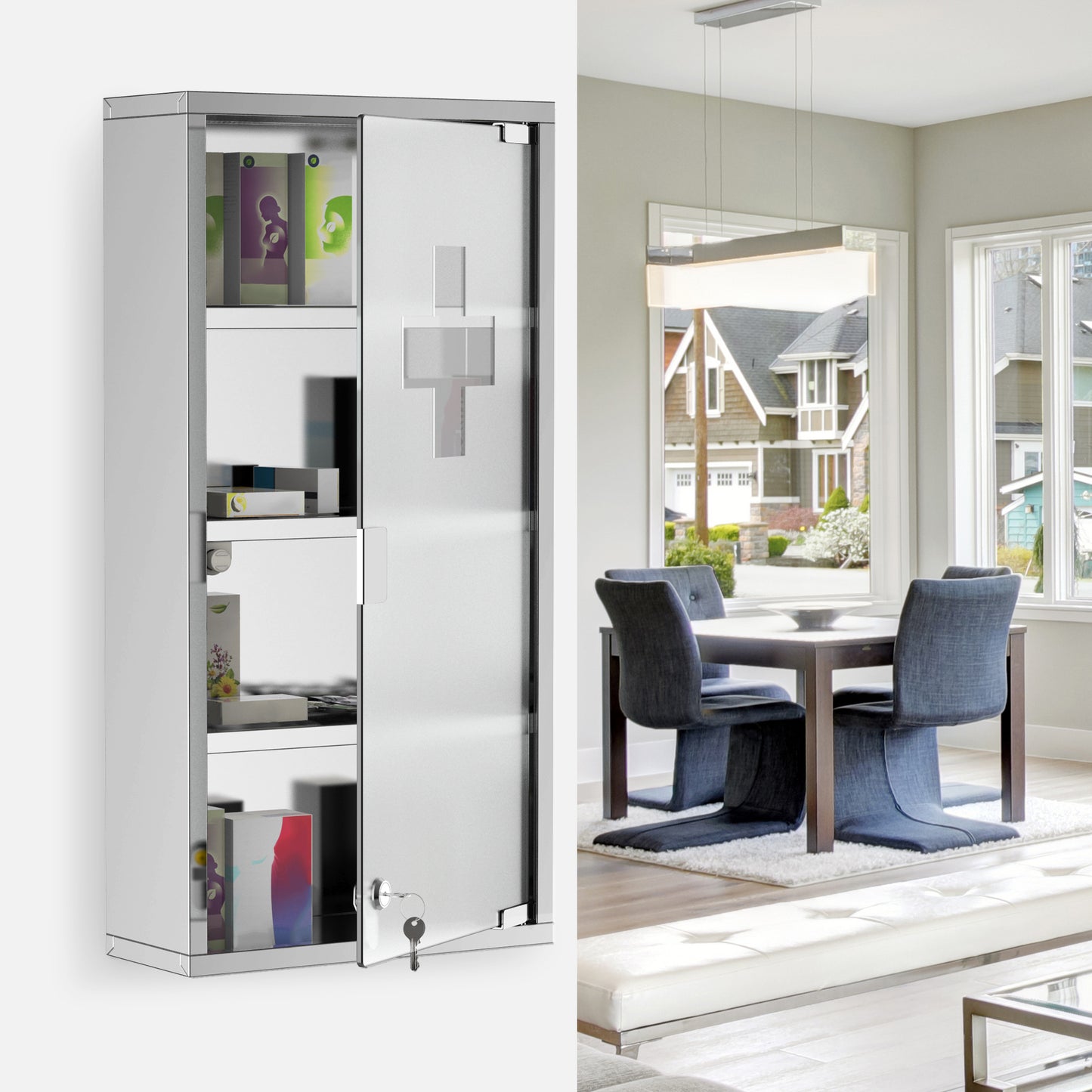 Locking Medicine Cabinet - Stainless Steel Storage, Silver