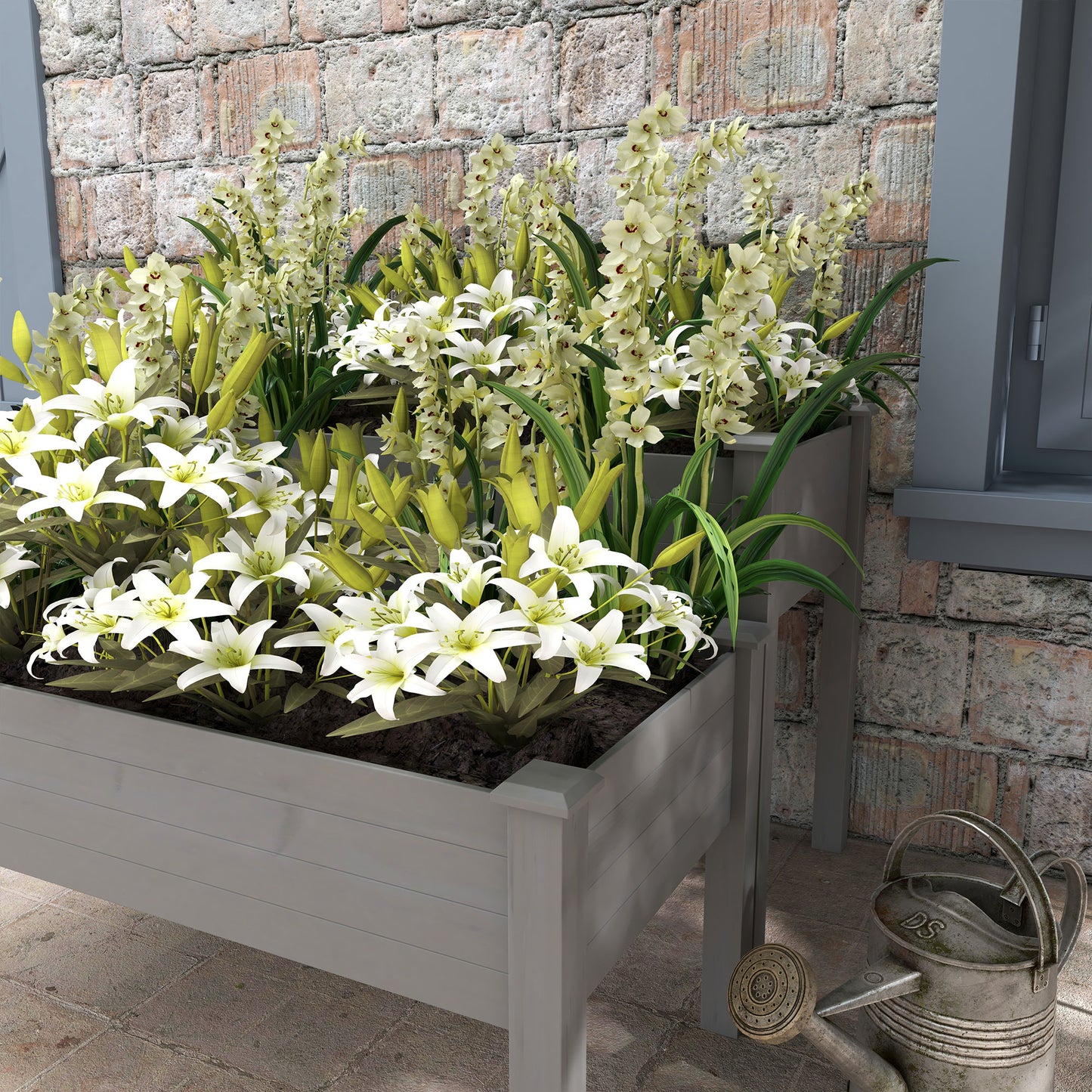 Outsunny 2 Tier Raised Garden Bed - Gray Wooden Planter for Flowers & Vegetables