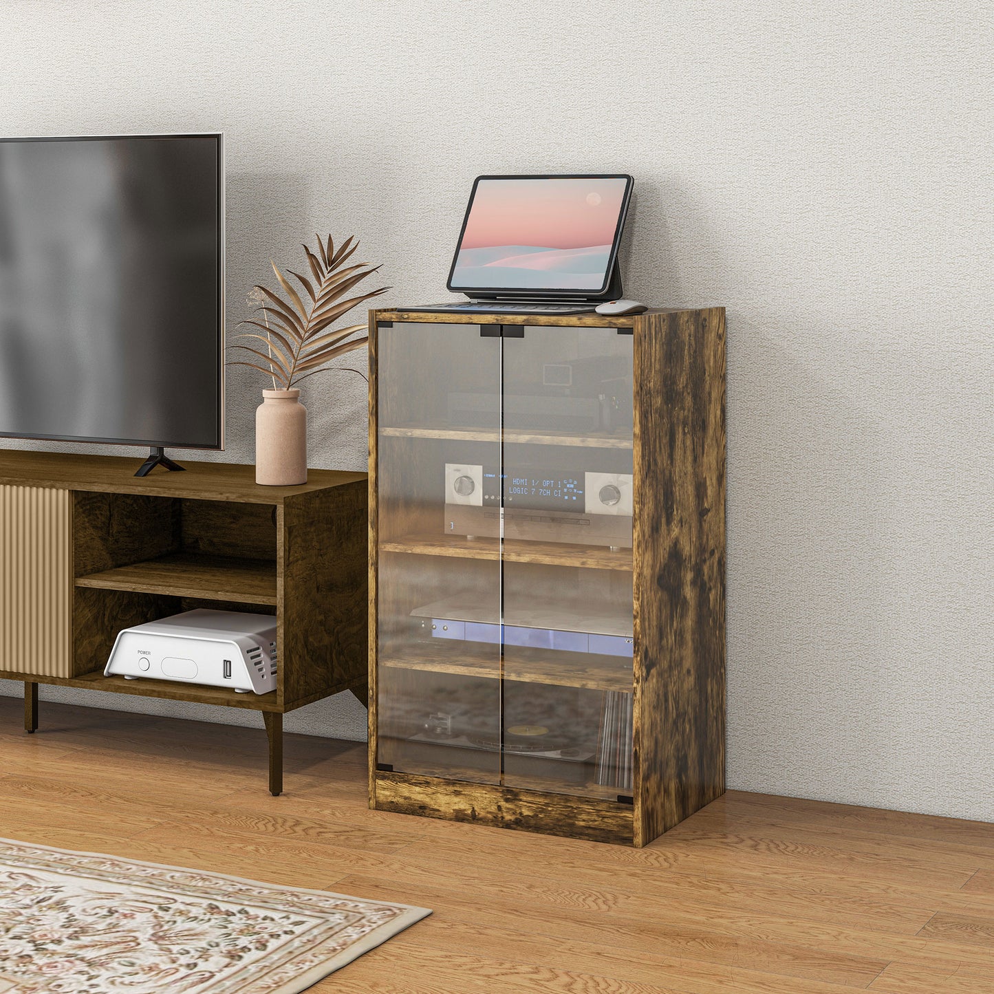 Rustic Brown Media Cabinet - 4 Tier Audio Storage Stand for Living Room
