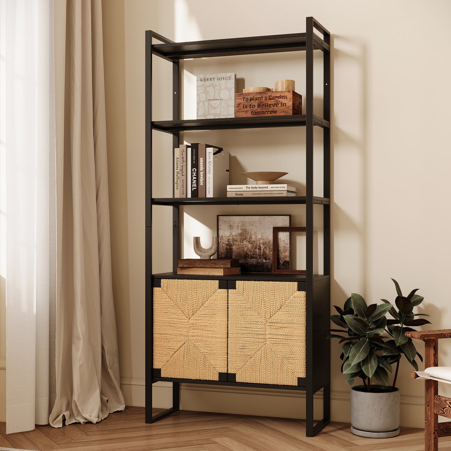 Natural Rattan Cabinet door Storage Bookshelf , Dual-Function Open Display Shelf with Closed Cabinet for Living Room,Entryway,Bedroom