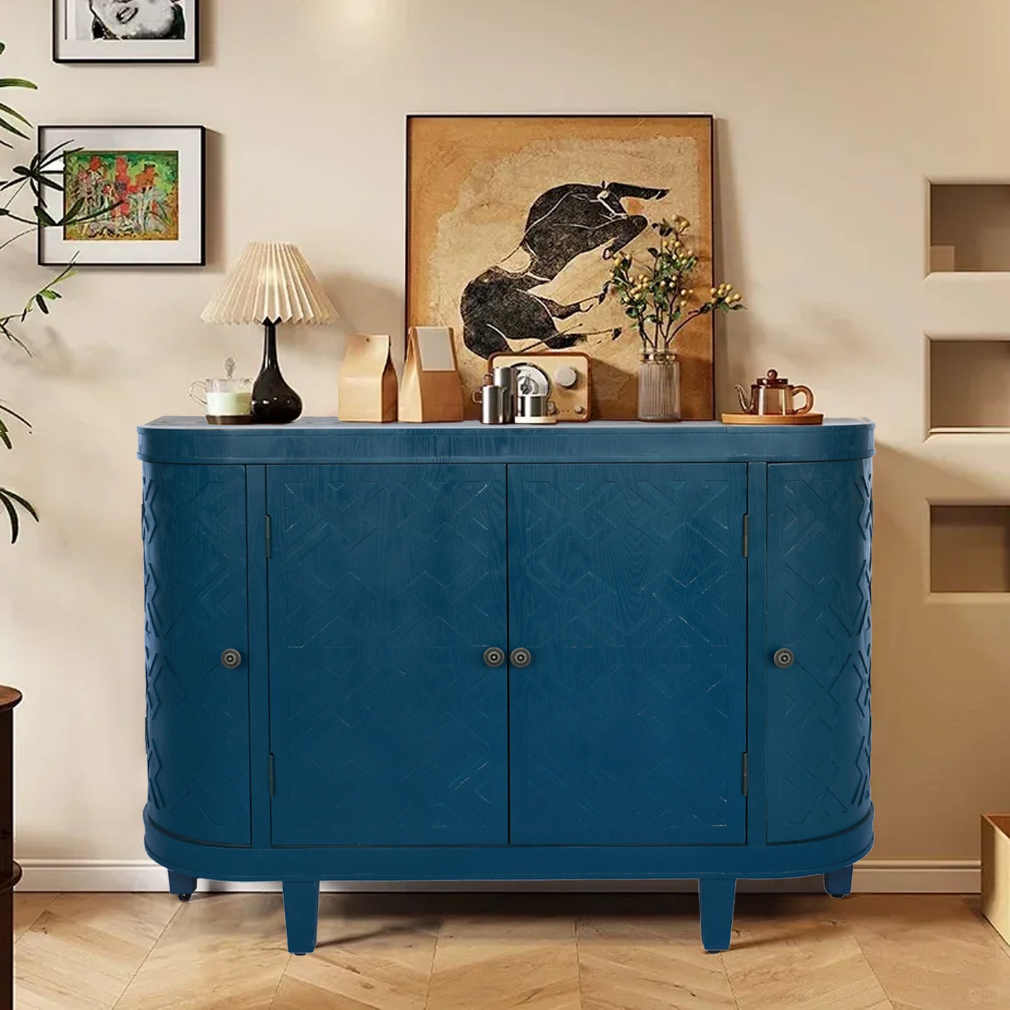 47''Oval Storage Cabinet with 4 Doors,Buffet Sideboard Cabinet with Storage, Fluted Accent Storage Cabinet with Curvy Edge, Sliding Door, Freestanding Credenza, Console Table for Living Room, Kitchen