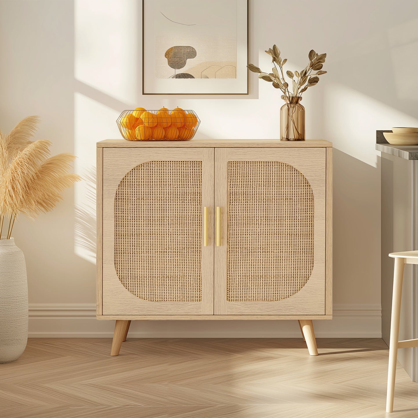 Buffet Cabinet with Storage, Accent Bathroom Floor Cabinet,with Two Doors and 4 compartments forStorage,Cabinet with Solid Wood Feet,Sideboard Cabinet for Hallway, Entry, Living Room,(Natural Color)