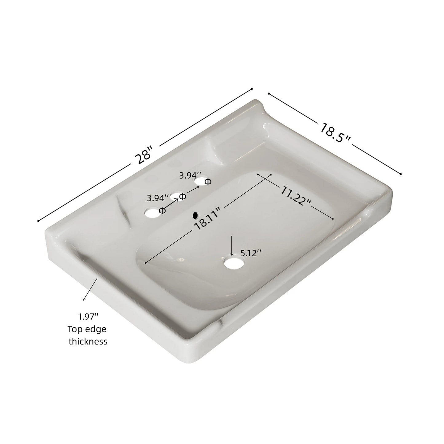 White Ceramic Bathroom Basin - 28" with Faucet Holes