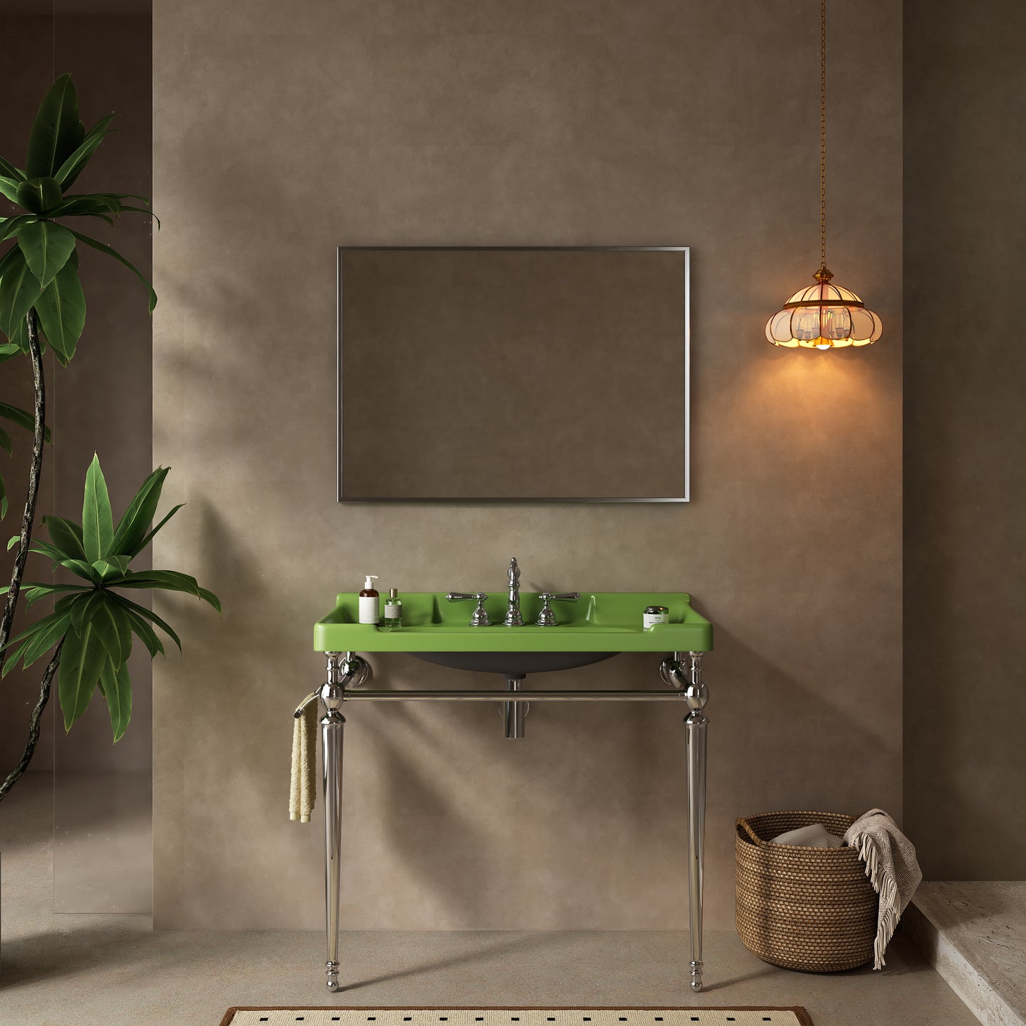 VICI 36" Bathroom Console Sink, Wall-Mounted Green Ceramic Vanity Basin with 3 Pre-drilled Faucet Holes, Freestanding Stainless Steel Support Legs with Towel Bar, No Faucet & Sink Cover, Chrome Color