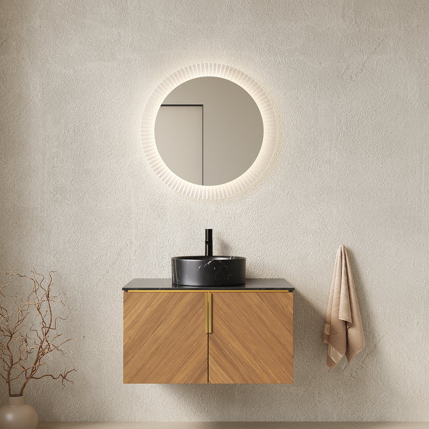 ARAI 30" Bathroom Vanity&Sink, Wall-Mounted Plywood Bathroom Storage Cabinet with Double Doors, Black Sintered Stone Countertop&Black Round Ceramic Basin with Stone Pattern, Brown Oak Woodgrain Color