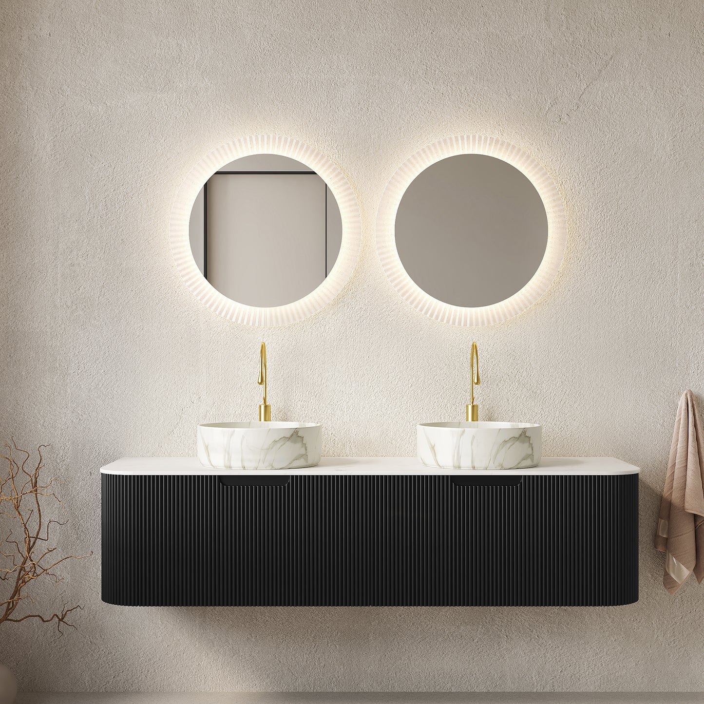 DINA 60" Bathroom Vanity&Sinks, Floating Curved Edges Striped Storage Cabinet with 2 Drawers, 2 Matte Stone White Round Ceramic Basins&Carrara White Sintered Stone Top, Pre-assembled, Black Color