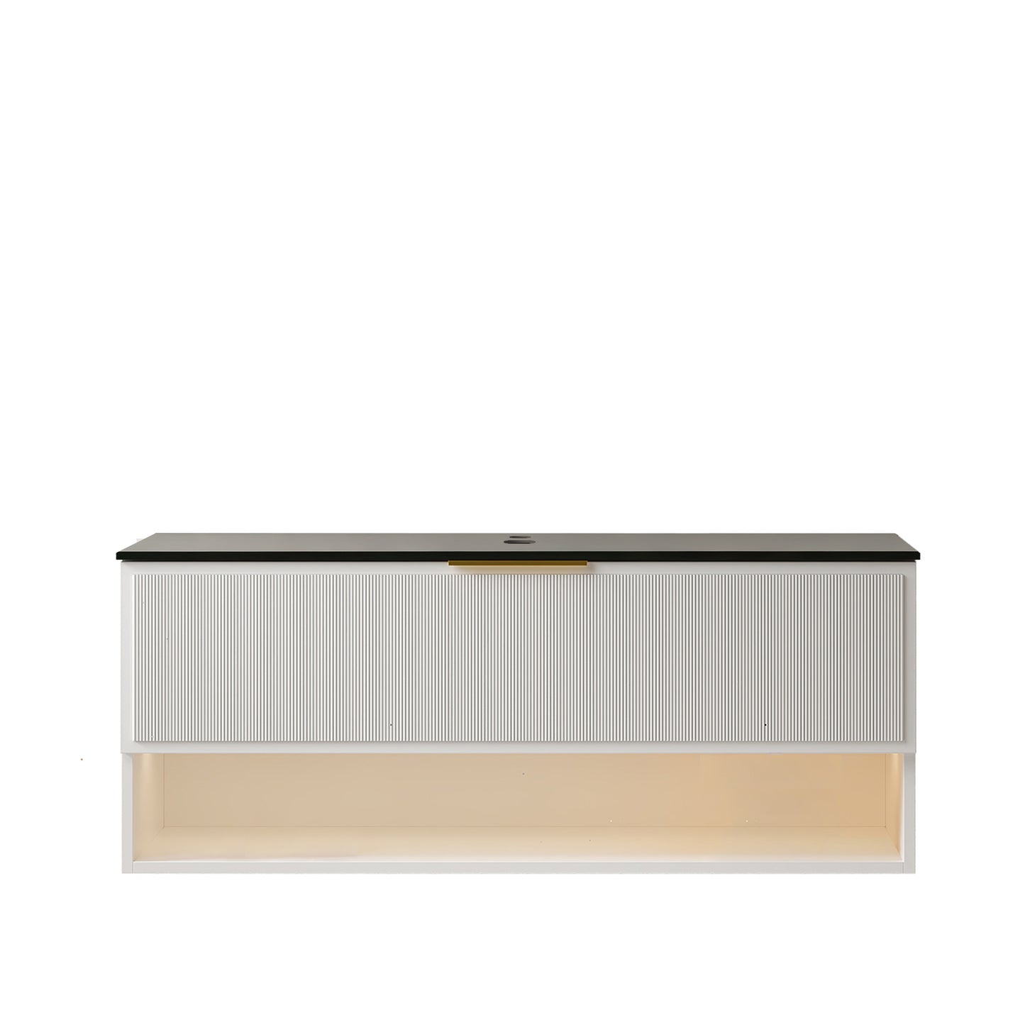 MALONE 48" Wall Mounted White Plywood Cabinet with One Drawer and One Open Shelf, Black Stone Sintered Stone Top, NO Basin, NO Faucet and Sink Cover