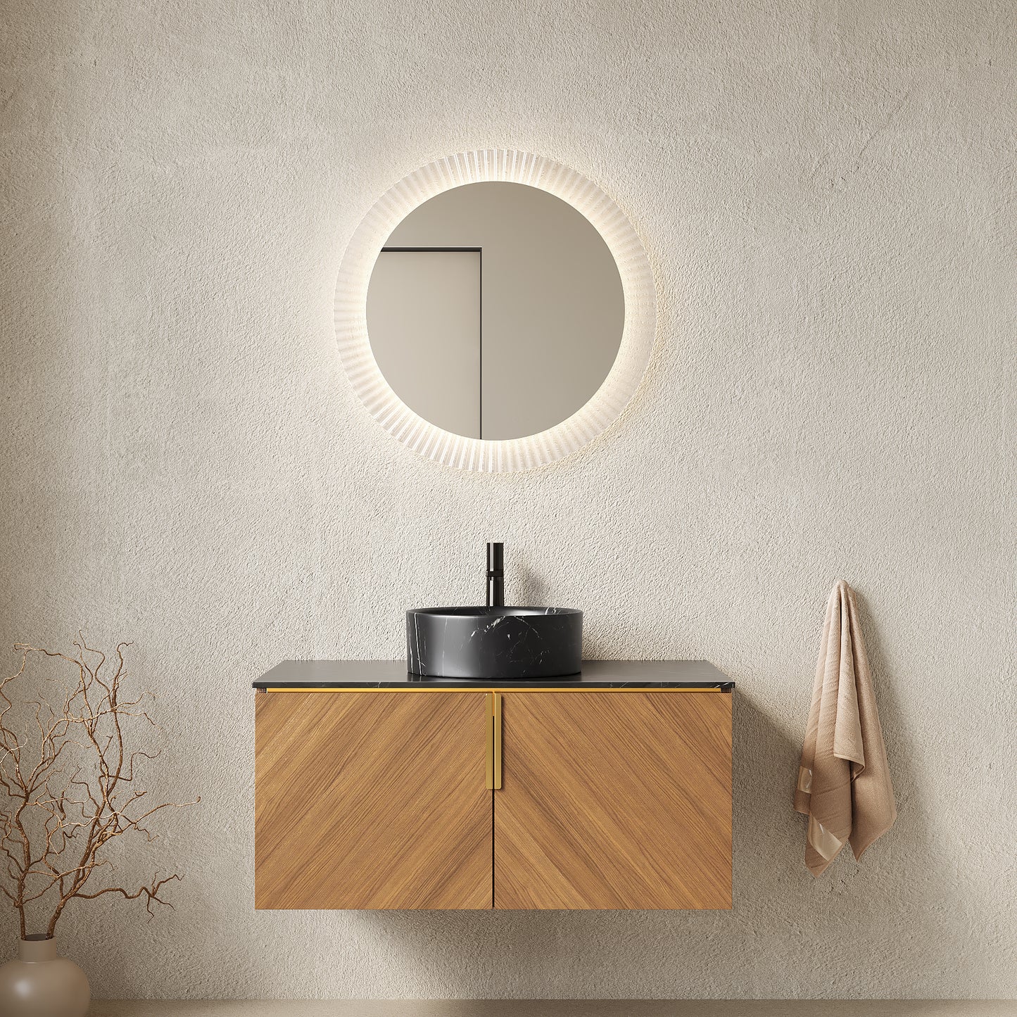 ARAI 36" Bathroom Vanity&Sink, Wall-Mounted Plywood Bathroom Storage Cabinet with Double Doors, Black Sintered Stone Countertop&Black Round Ceramic Basin with Stone Pattern, Brown Oak Woodgrain Color