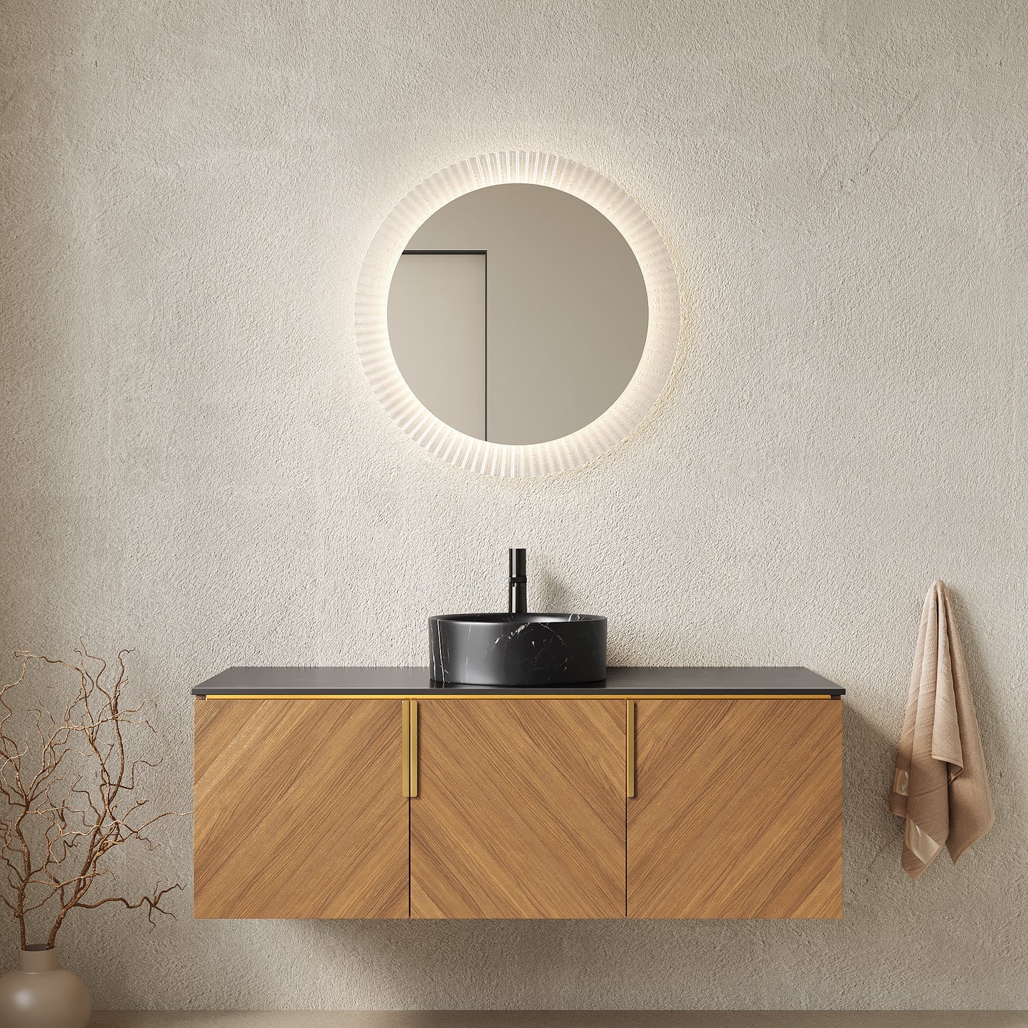 ARAI 48" Bathroom Vanity&Sink, Wall-Mounted Plywood Bathroom Storage Cabinet with 3 Doors, Black Sintered Stone Countertop & Black Round Ceramic Basin with Stone Pattern, Brown Oak Woodgrain Color