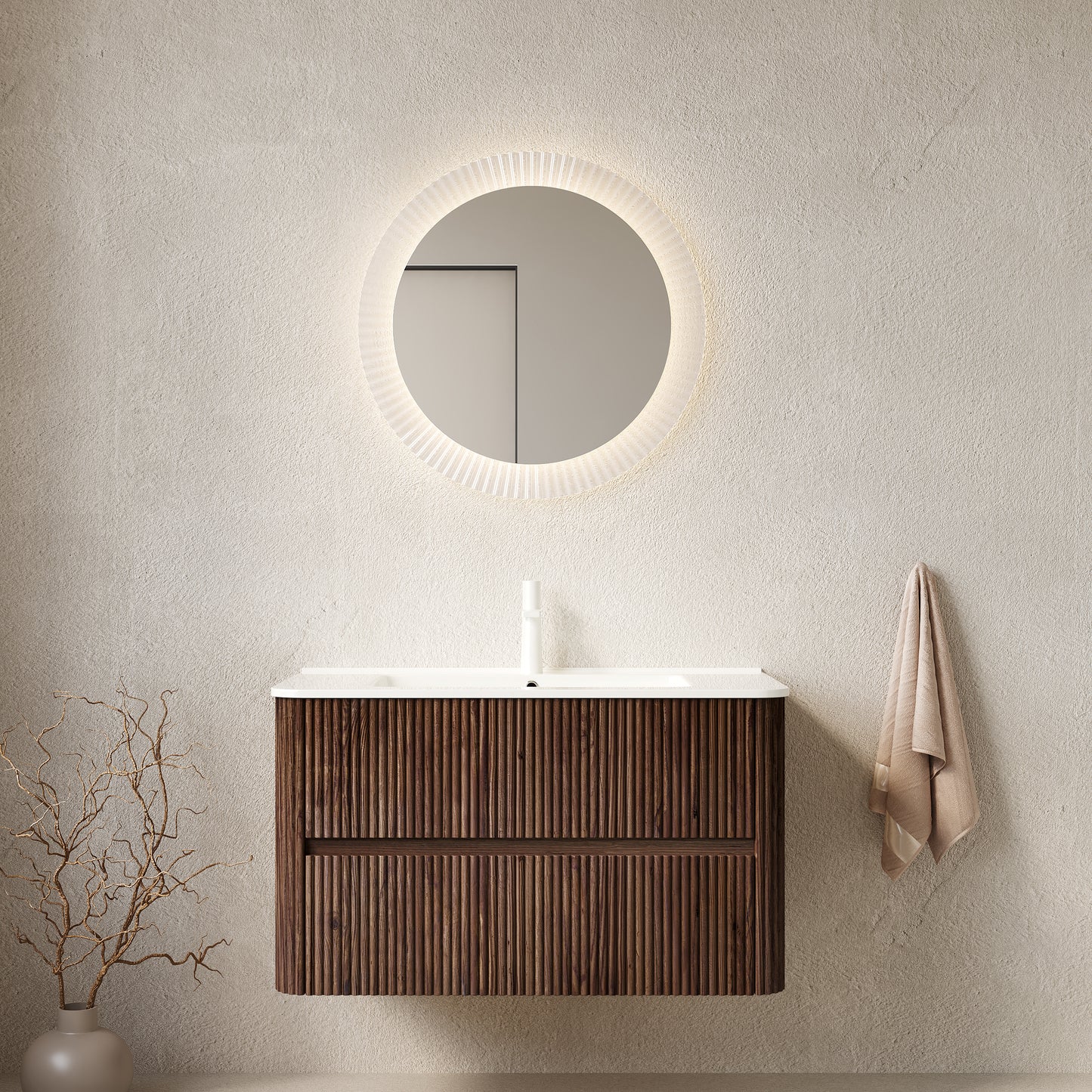 NOOR 36" Bathroom Vanity with Sink, Wall-Mounted Floating Plywood Bathroom Storage Cabinet with 2 Drawers, White Ceramic Basin, NO Faucet, Pre-assembled, Retro Walnut Woodgrain Color