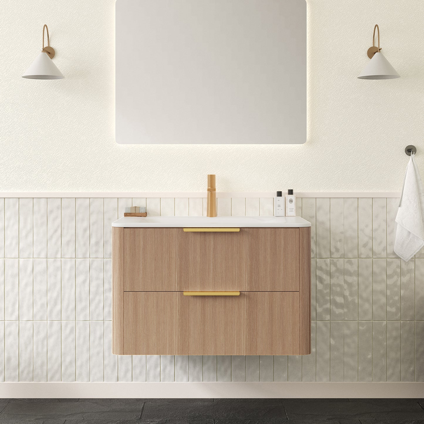 ZANE 30" Bathroom Vanity with Sink, Floating Ultra-Pinstriped Plywood Storage Cabinet with Drawers, Carrara White Sintered Stone Hot-bent Integrated Basin, Pre-assembled, Light Natural Woodgrain Color
