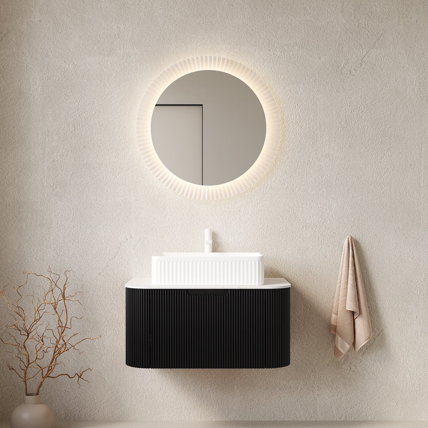 DINA 30" Bathroom Vanity with Sink, Wall-Mounted Floating Curved Edges Striped Bathroom Storage Cabinet with Drawer, White Rectangular Ceramic Basin, No Faucet, Pre-assembled, Black Color