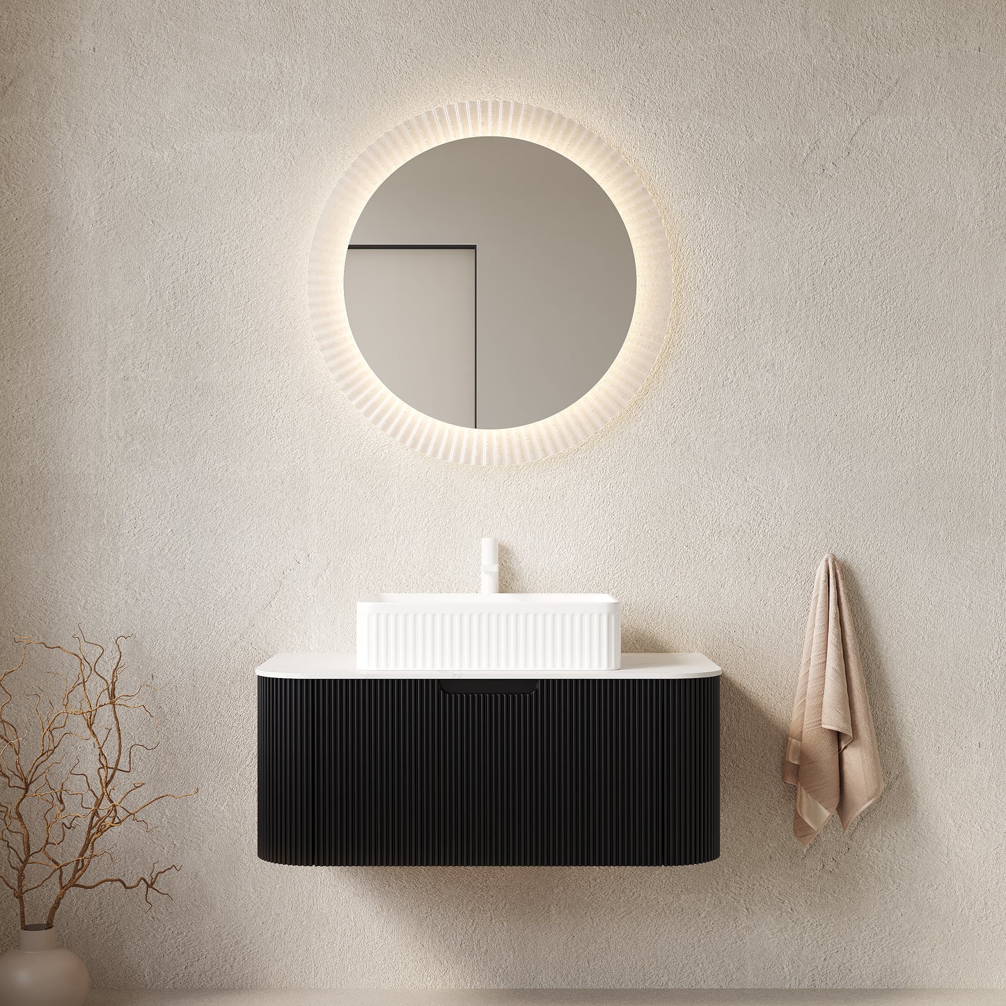 DINA 36" Bathroom Vanity with Sink, Wall-Mounted Floating Curved Edges Striped Bathroom Storage Cabinet with Drawer, White Rectangular Ceramic Basin, No Faucet, Pre-assembled, Black Color