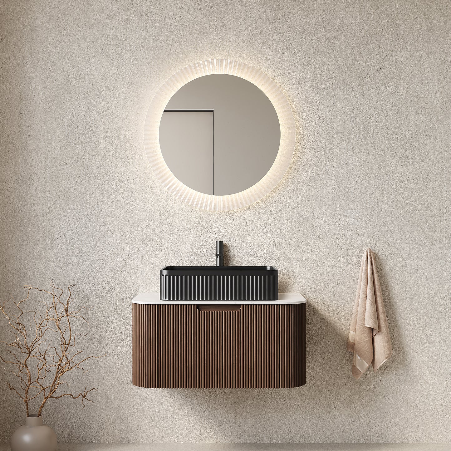 DINA 30" Bathroom Vanity with Sink, Wall-Mounted Floating Curved Edges Striped Bathroom Storage Cabinet with a Drawer, Black Rectangular Ceramic Basin, No Faucet, Pre-assembled, Walnut Color