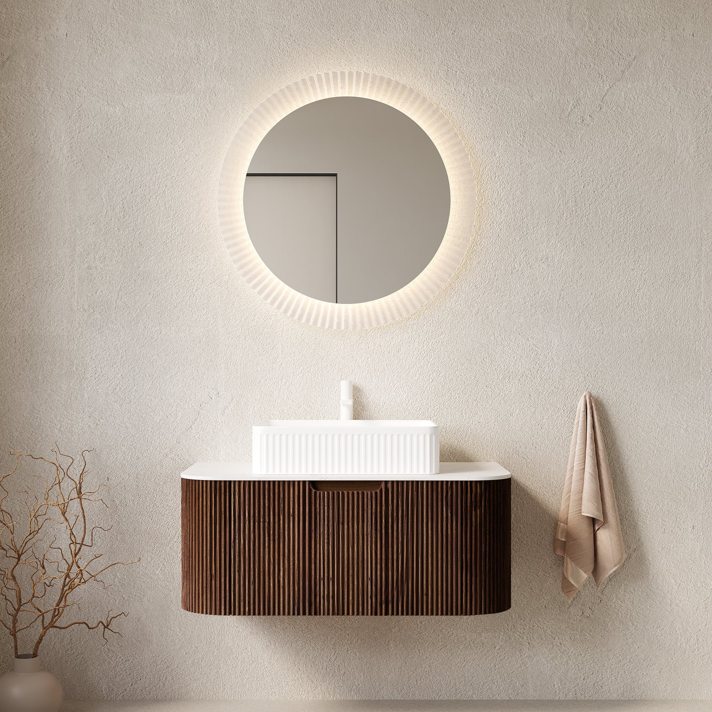 DINA 36" Bathroom Vanity with Sink, Wall-Mounted Floating Curved Edges Striped Bathroom Storage Cabinet with Drawer, White Rectangular Ceramic Basin, No Faucet, Pre-assembled, Dark Walnut Color