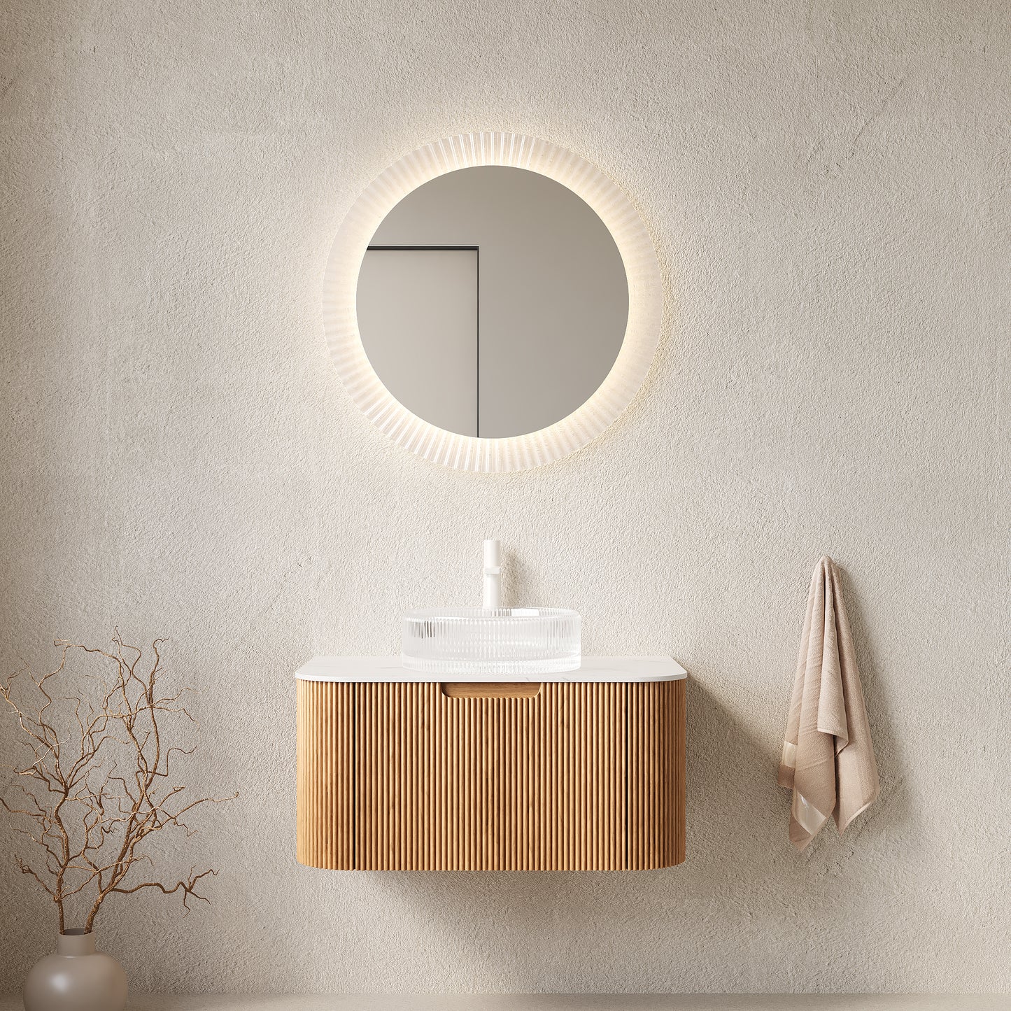 DINA 30" Bathroom Vanity with Sink, Wall-Mounted Floating Curved Edges Striped Storage Cabinet with Drawer, Transparent Round Glass Basin and Countertop, Pre-assembled, Natural Woodgrain Color