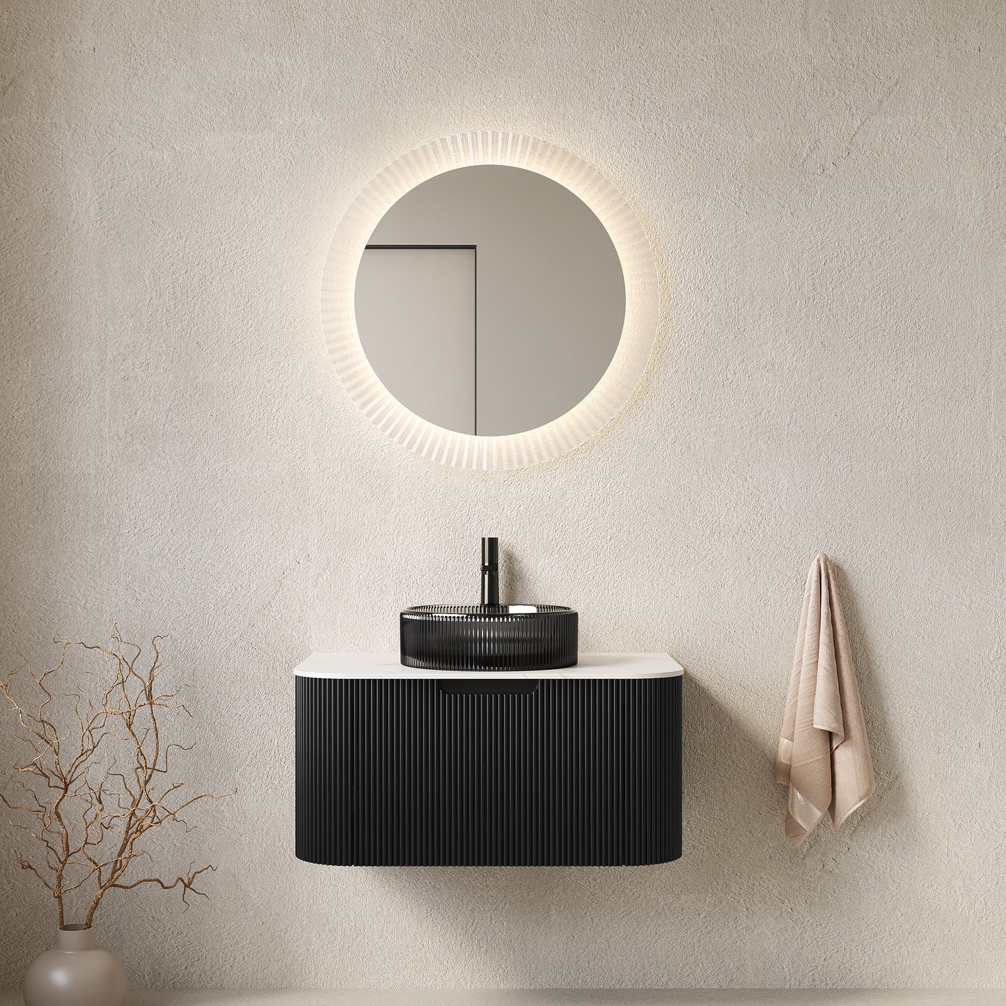 DINA 30" Bathroom Vanity with Sink, Wall-Mounted Floating Curved Edges Striped Bathroom Storage Cabinet with a Drawer, Transparent Black Round Glass Basin and Countertop, Pre-assembled, Black Color